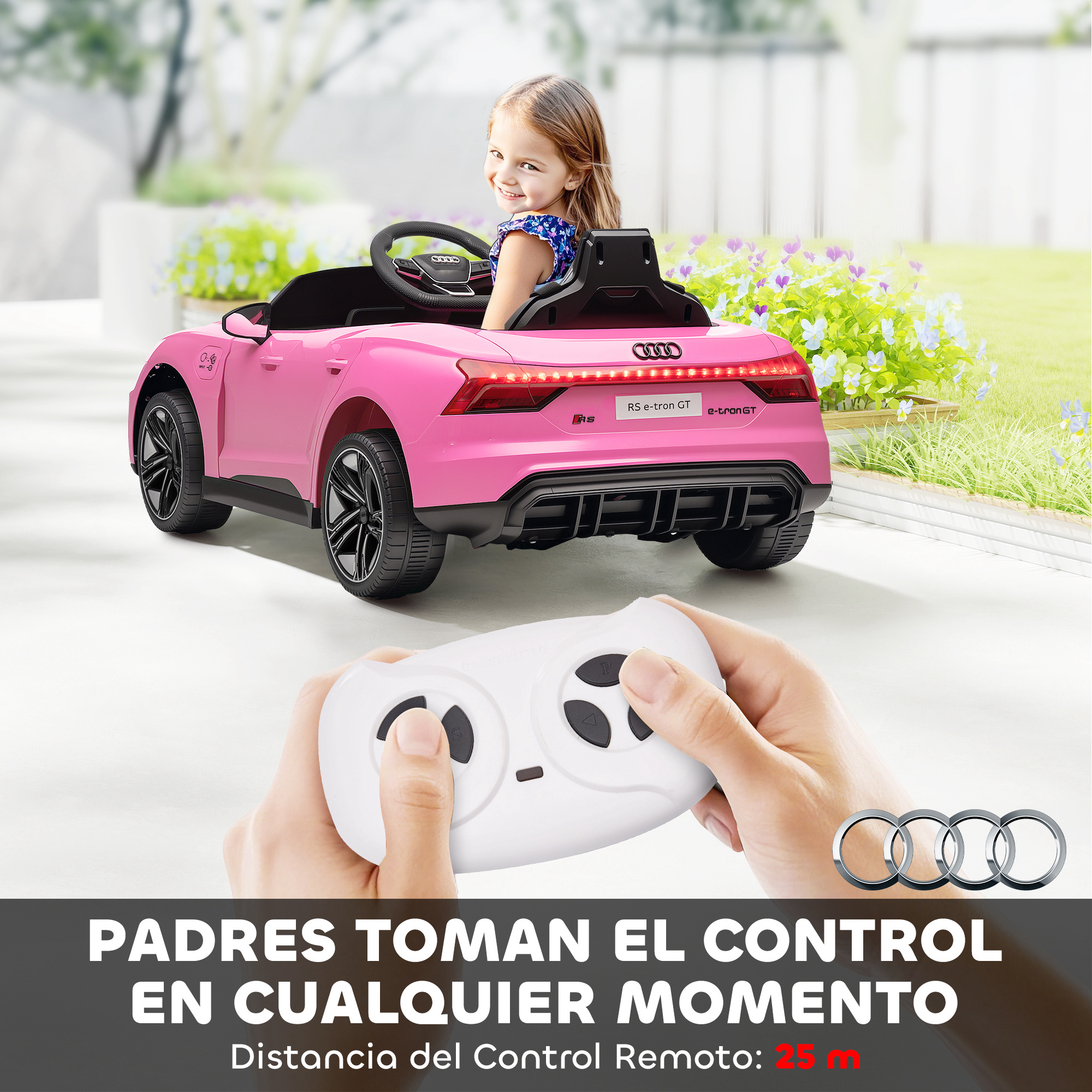 Una niña sonriente en un coche de juguete Audi rosa con un control remoto en primer plano, texto debajo.