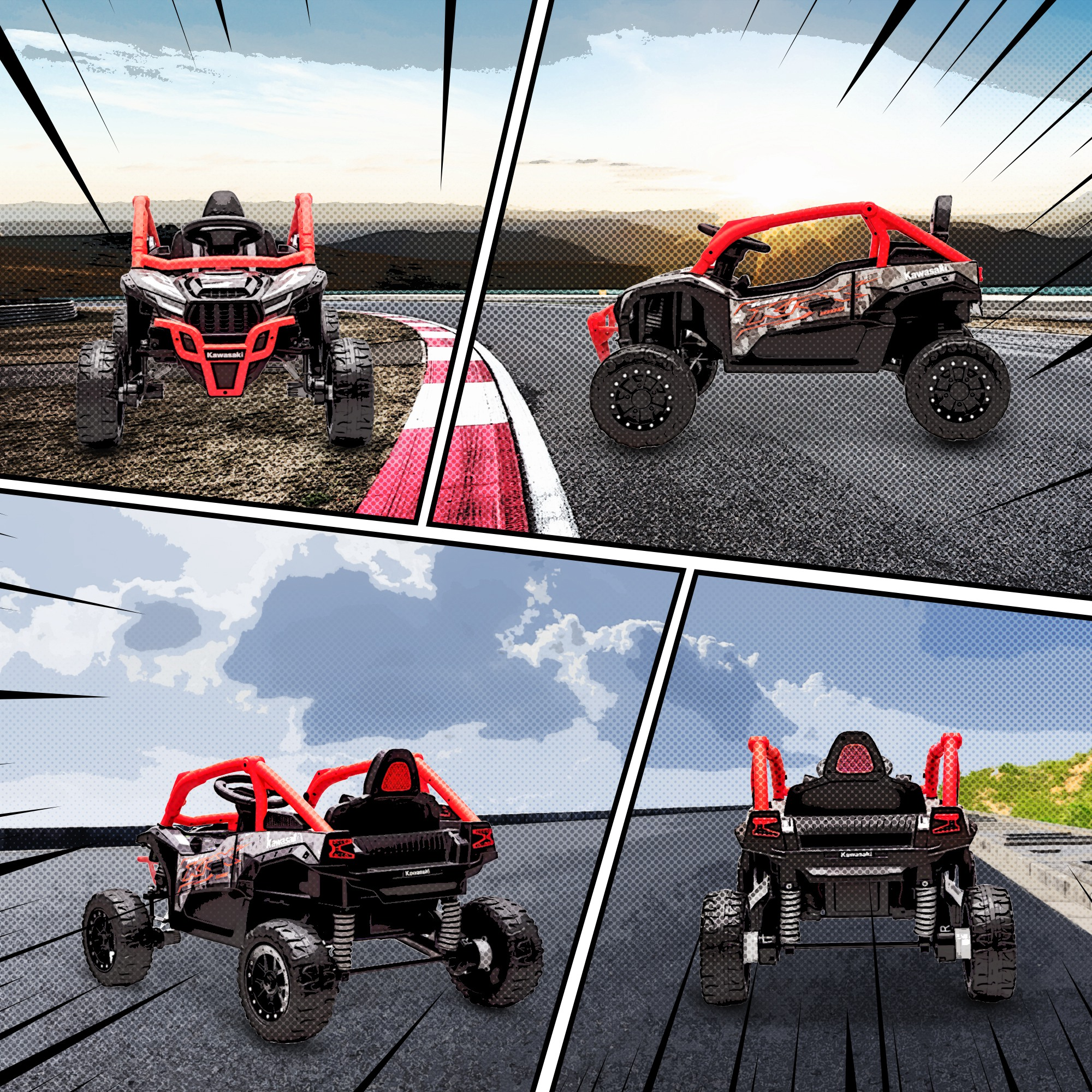 Un collage estilo cómic muestra un vehículo todoterreno Kawasaki negro y rojo desde varios ángulos en una pista.