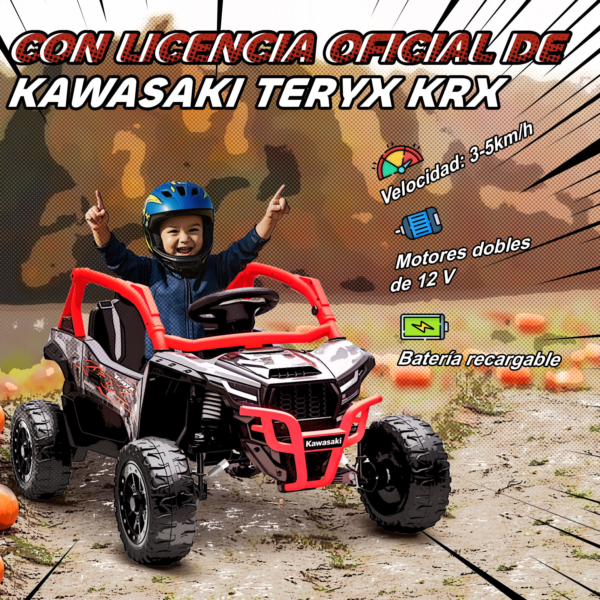 Un niño con casco azul sentado en un juguete Kawasaki Teryx KRX rojo y negro, señalando hacia arriba, con texto superpuesto.