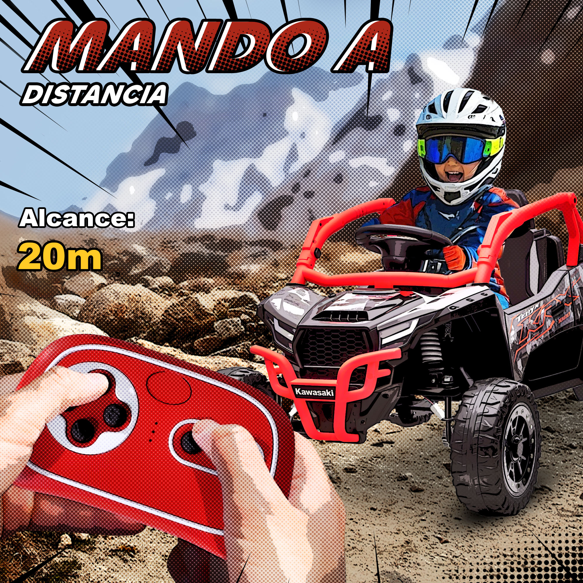 Niño con casco conduce quad a control remoto. Mando rojo en manos.