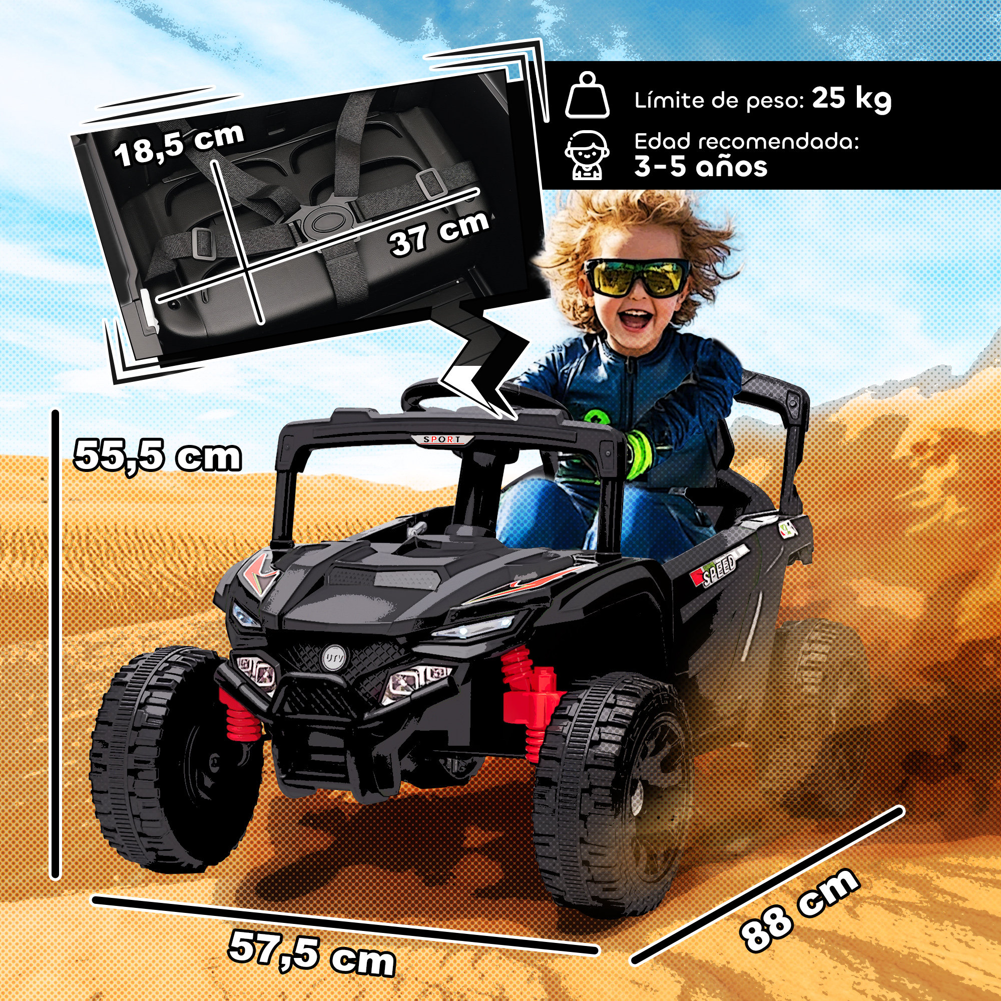 Un niño conduce un UTV de juguete negro en la arena. Se muestran las dimensiones.