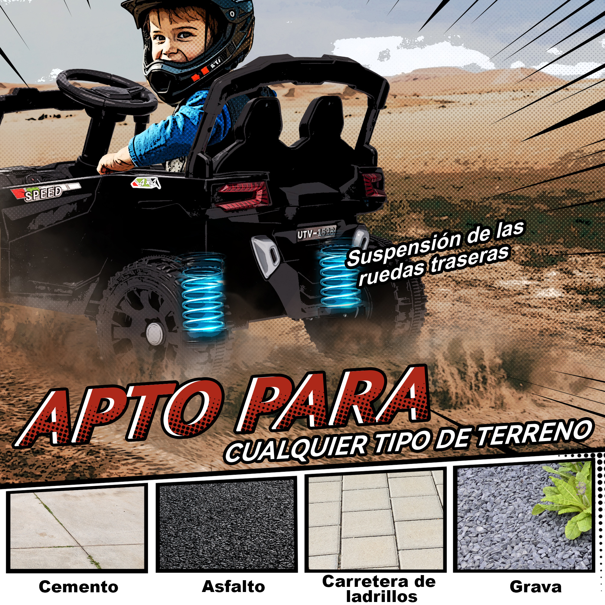 Un niño en un UTV eléctrico negro con suspensión conduce en un desierto.