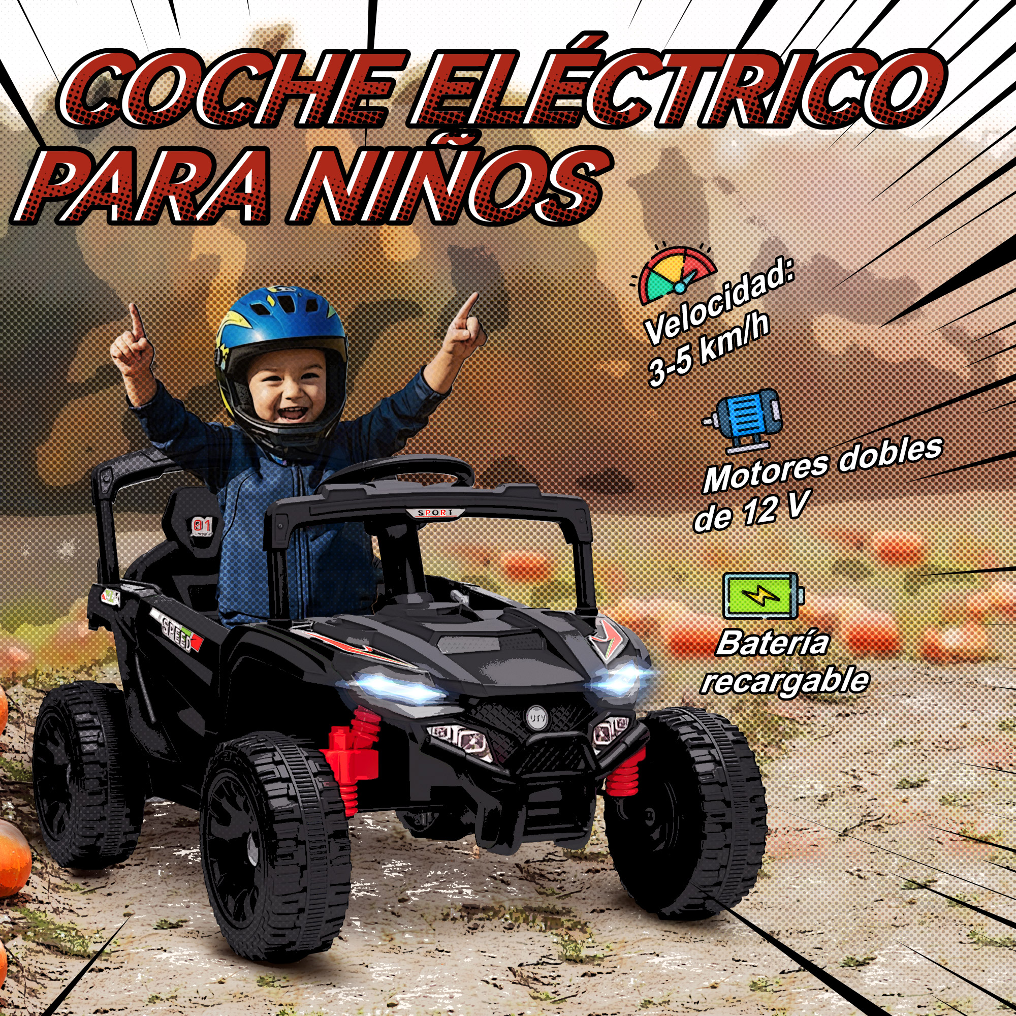 Un niño con casco azul conduce un coche eléctrico negro con detalles rojos.