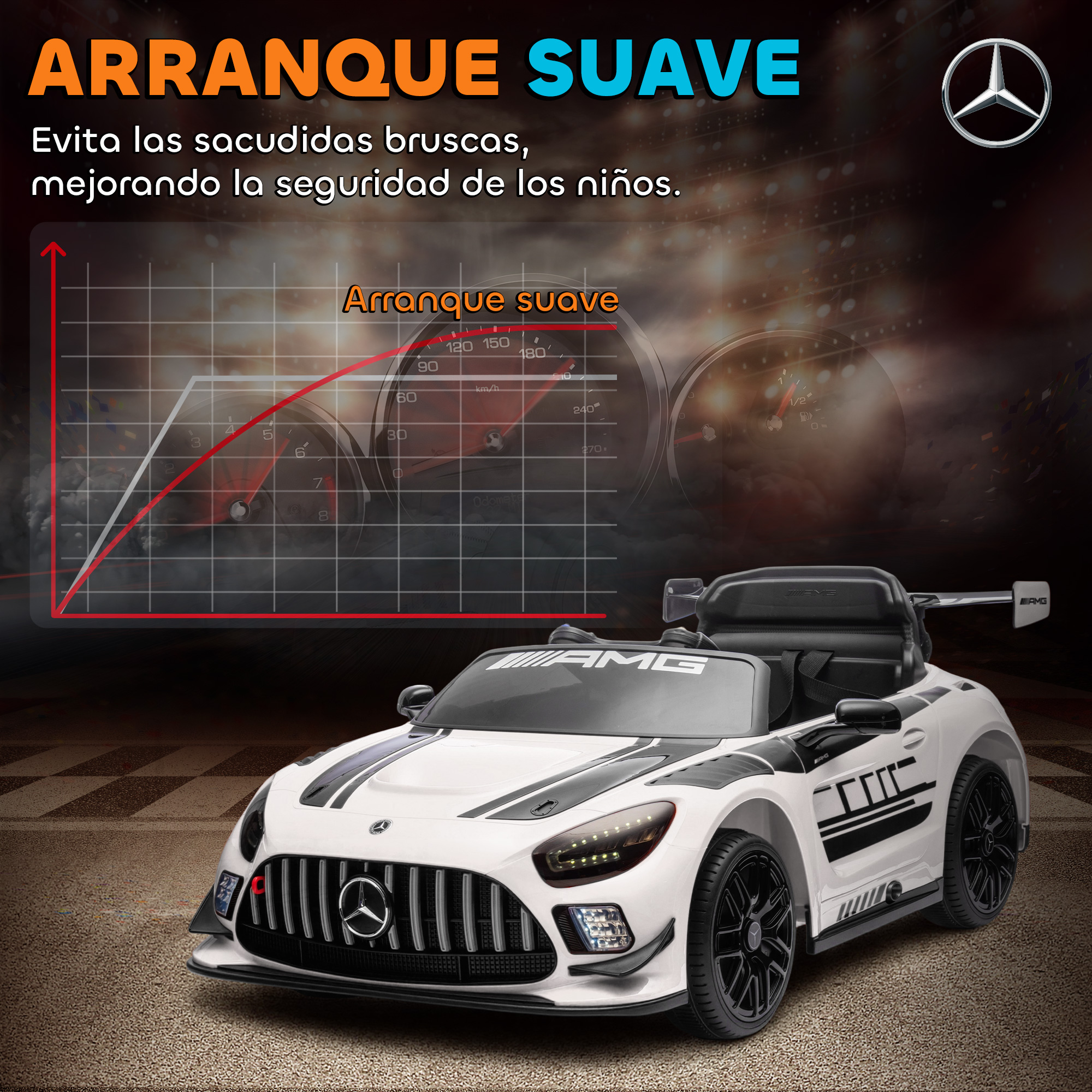 Un coche blanco infantil estilo AMG con rayas de carreras y gráfico de velocímetro.