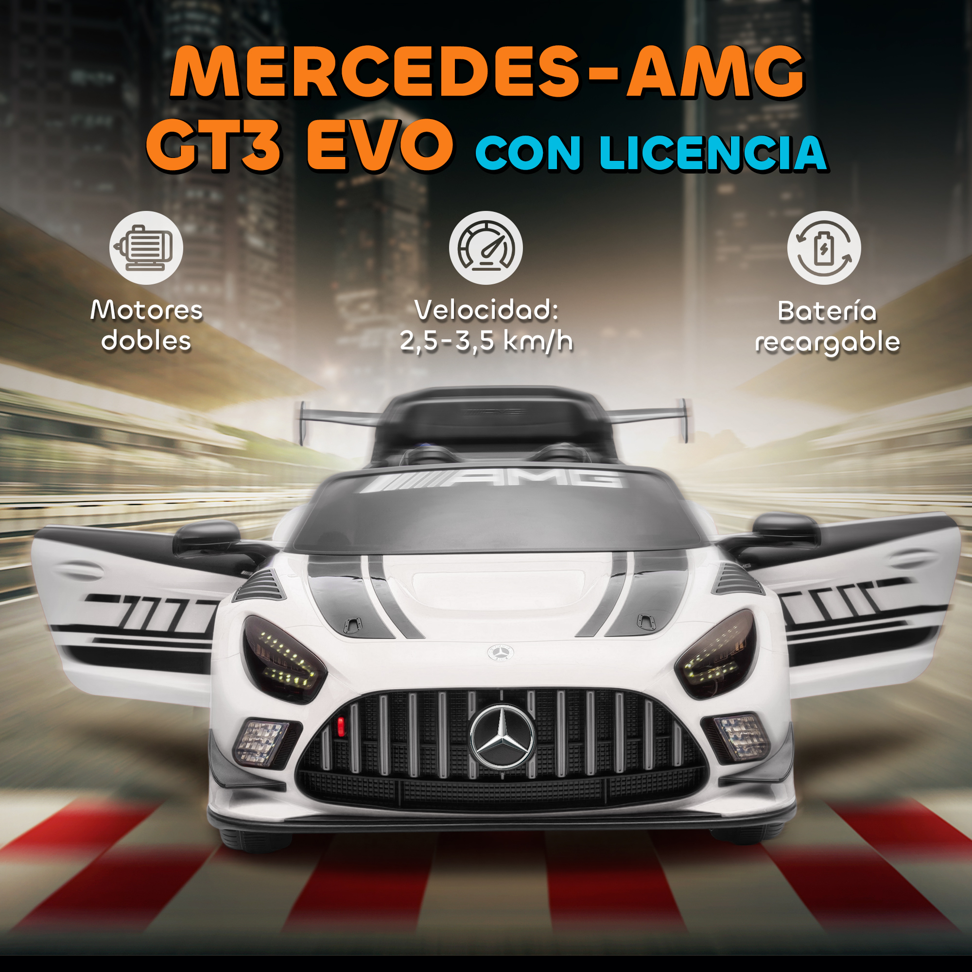 Un Mercedes-AMG GT3 blanco con puertas abiertas en una pista de carreras.