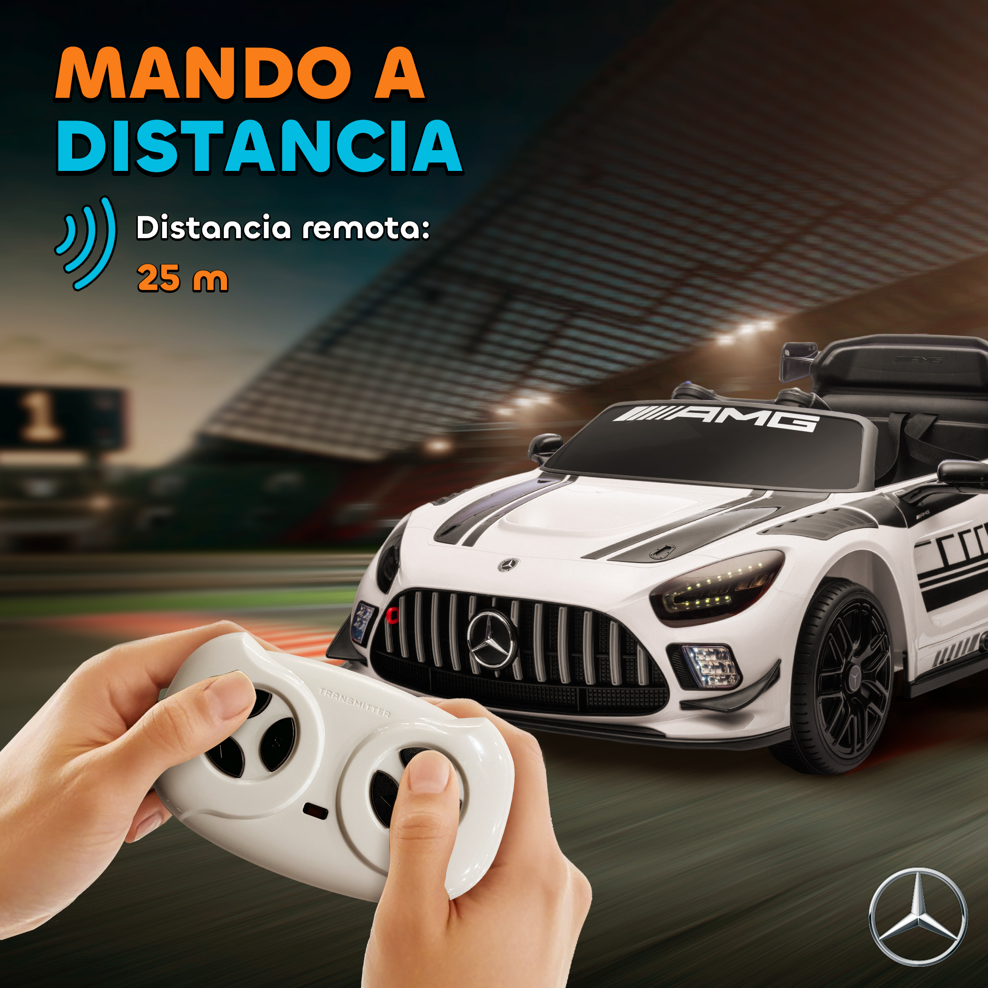 Coche AMG blanco a control remoto con mando en una pista de carreras.