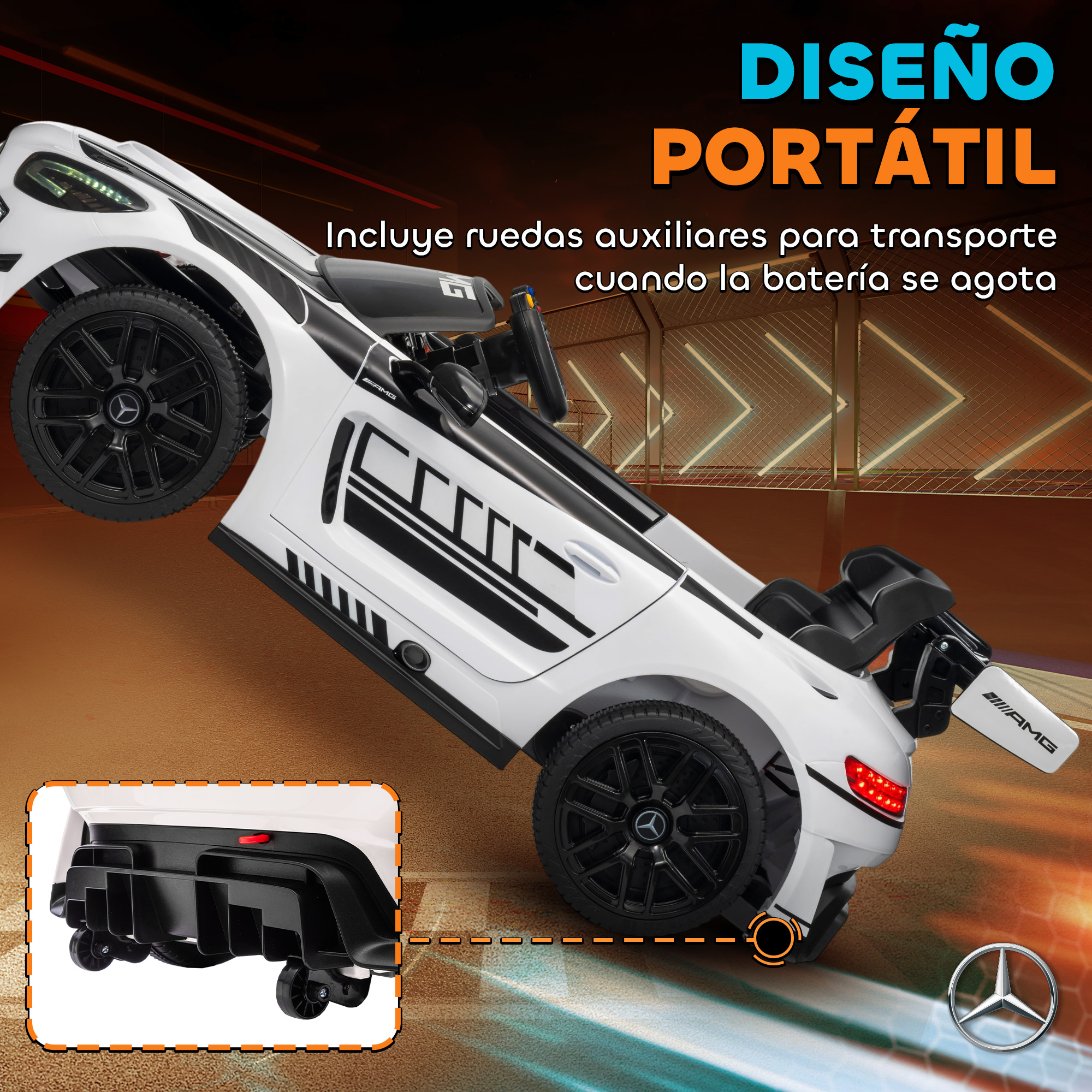 Un coche eléctrico de juguete blanco con detalles negros y ruedas auxiliares.