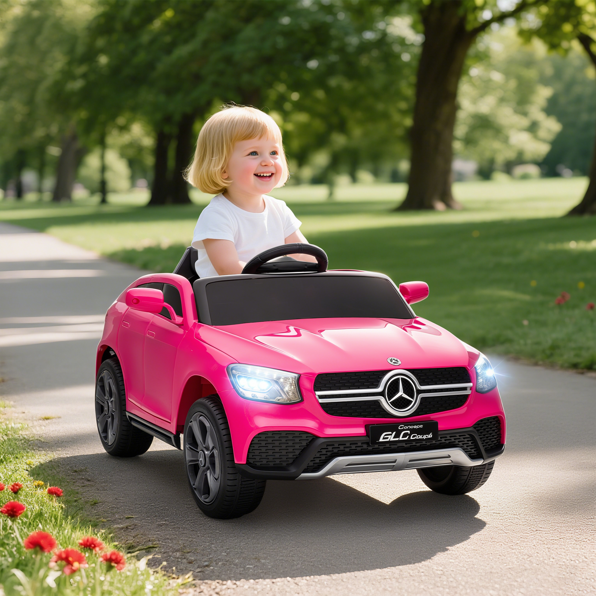 Una niña rubia conduce un coche eléctrico rosa por un camino del parque.