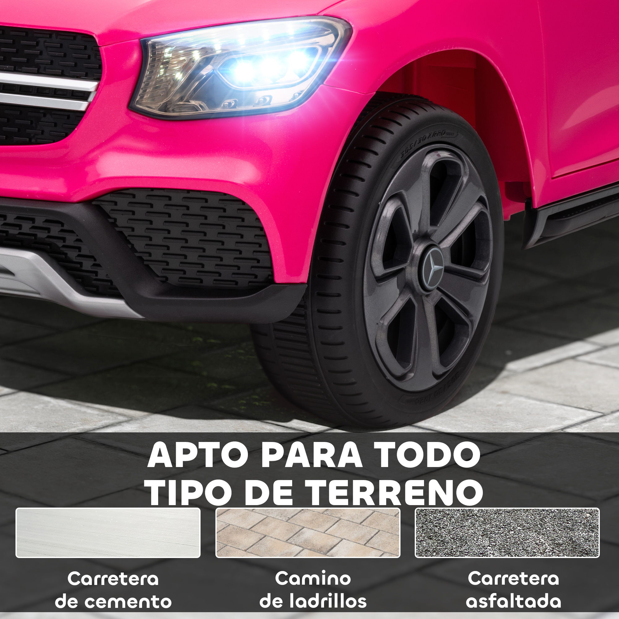 Primer plano de un coche eléctrico de juguete rosa, rueda delantera y faros.