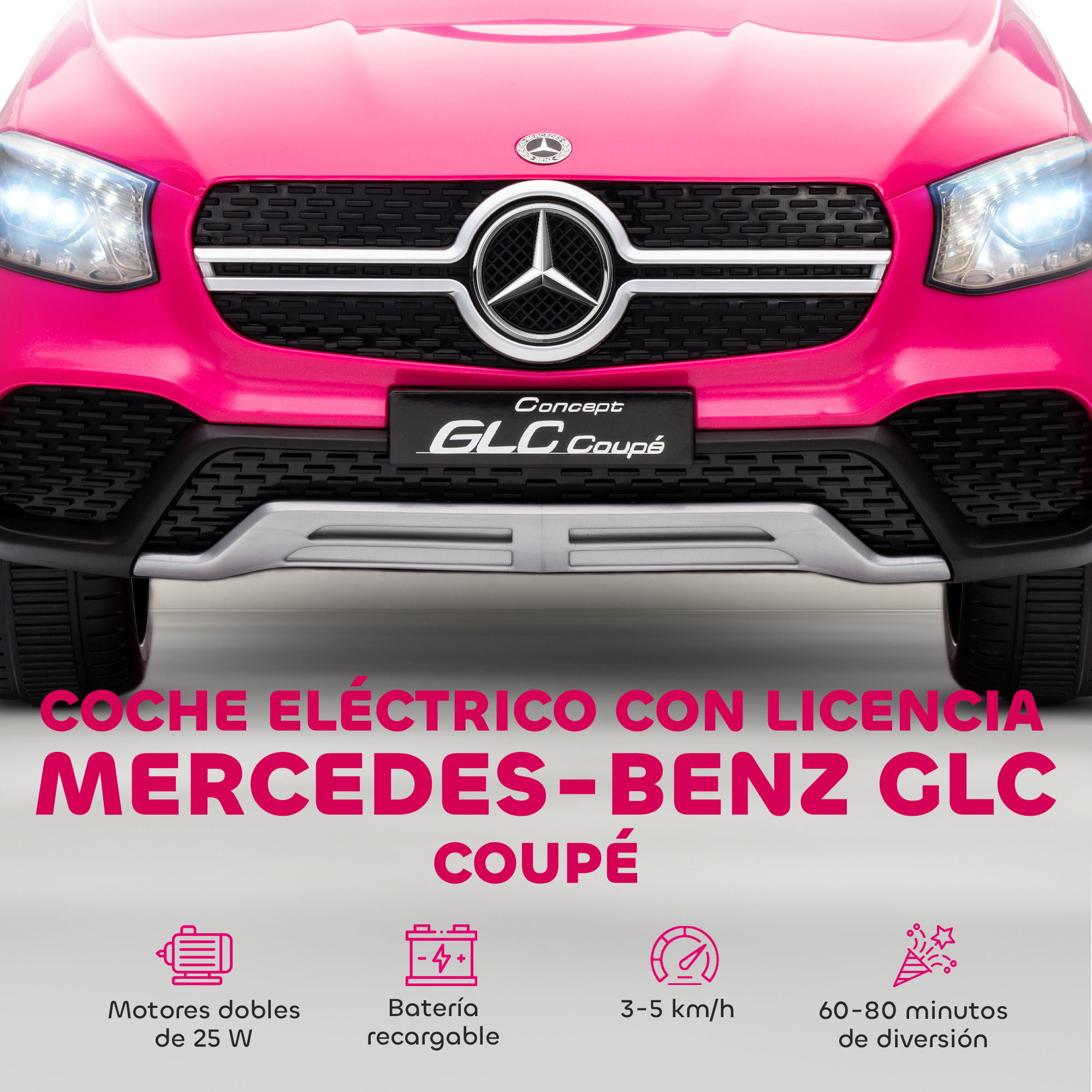 Un coche eléctrico de juguete rosa con licencia Mercedes-Benz.