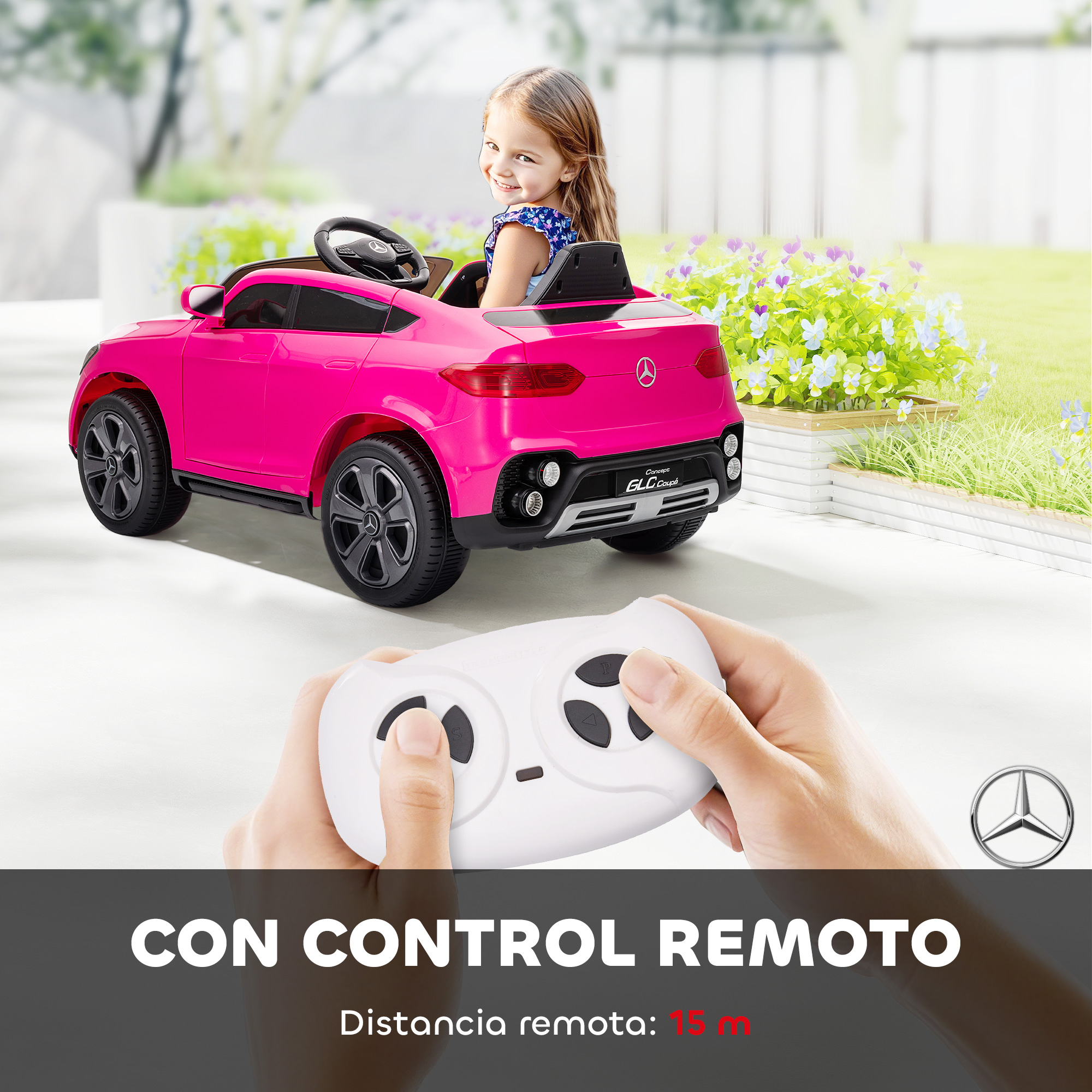 Una niña sentada en un coche eléctrico rosa controlado por mando.