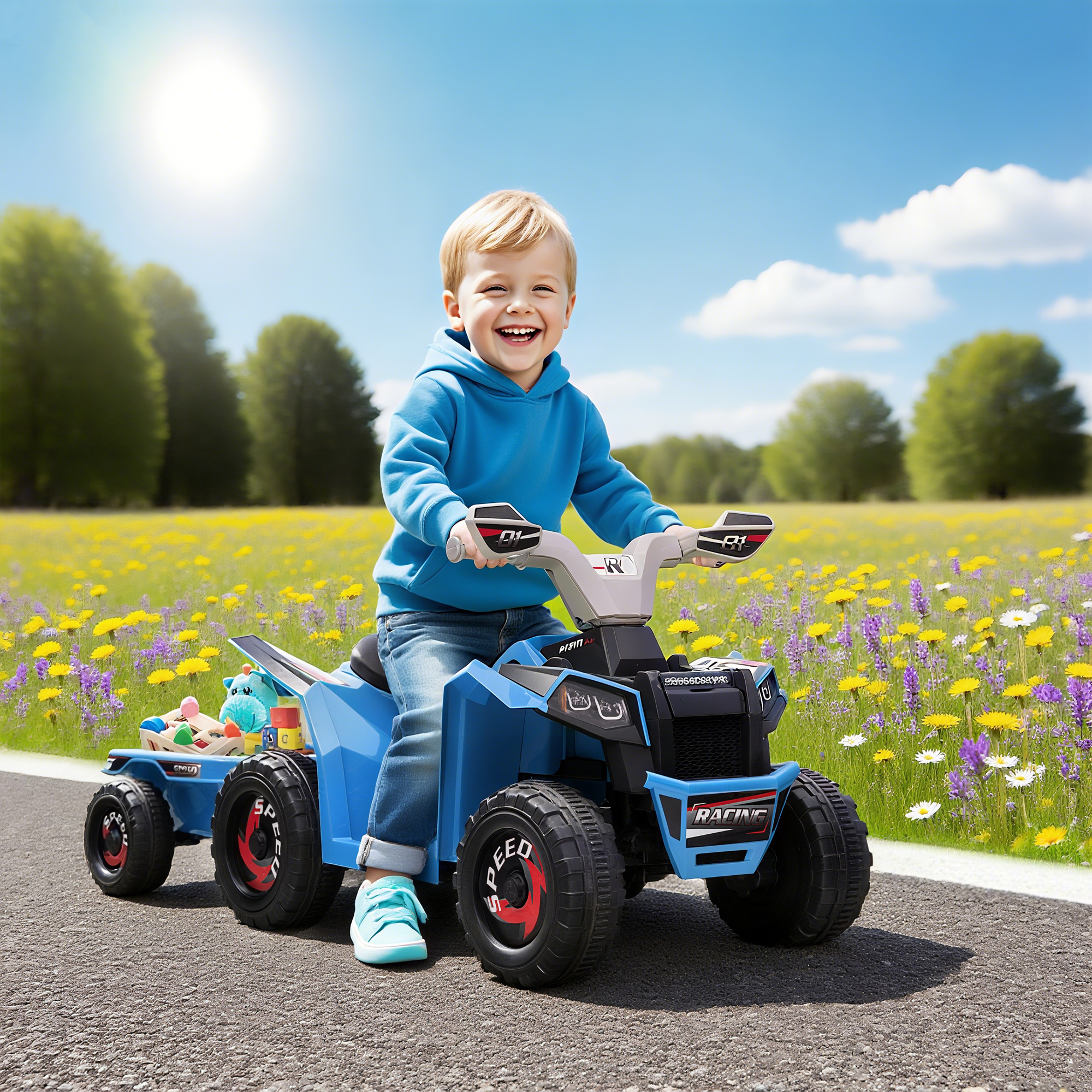 Un niño monta un quad azul con remolque por un campo de flores.