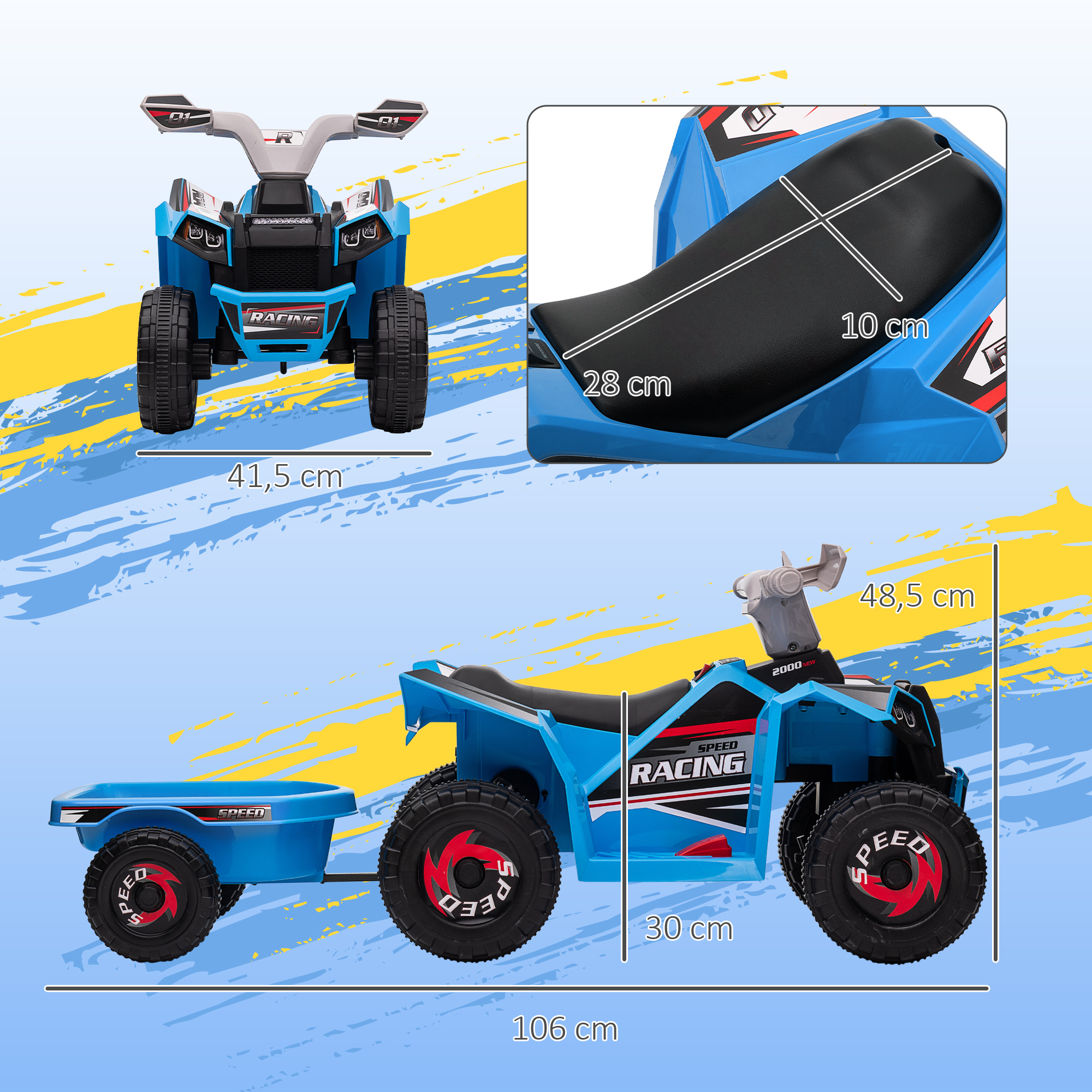 ATV azul para niños con remolque, se muestran las dimensiones.