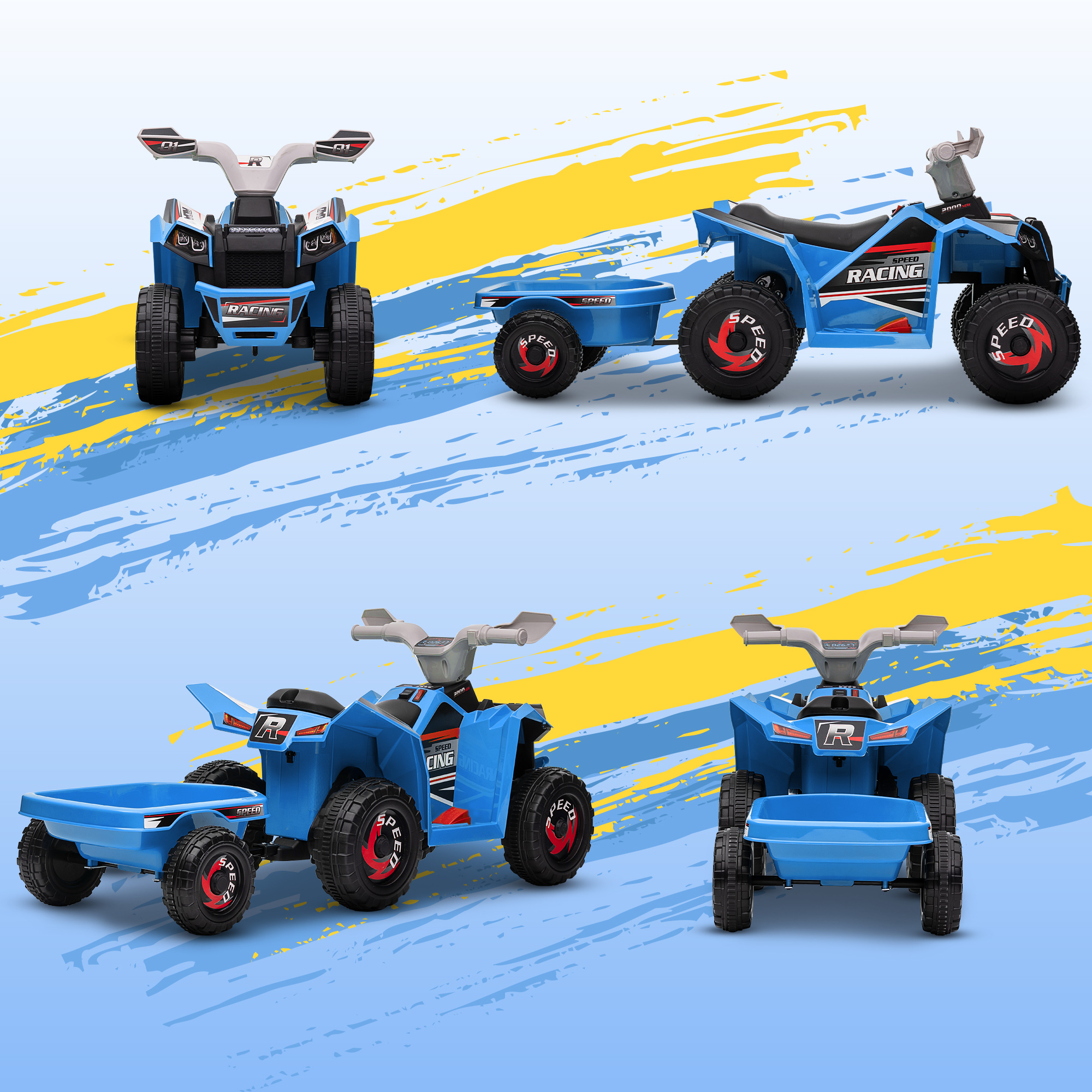 Quad infantil azul con remolque, vistas frontal y lateral sobre fondo azul.
