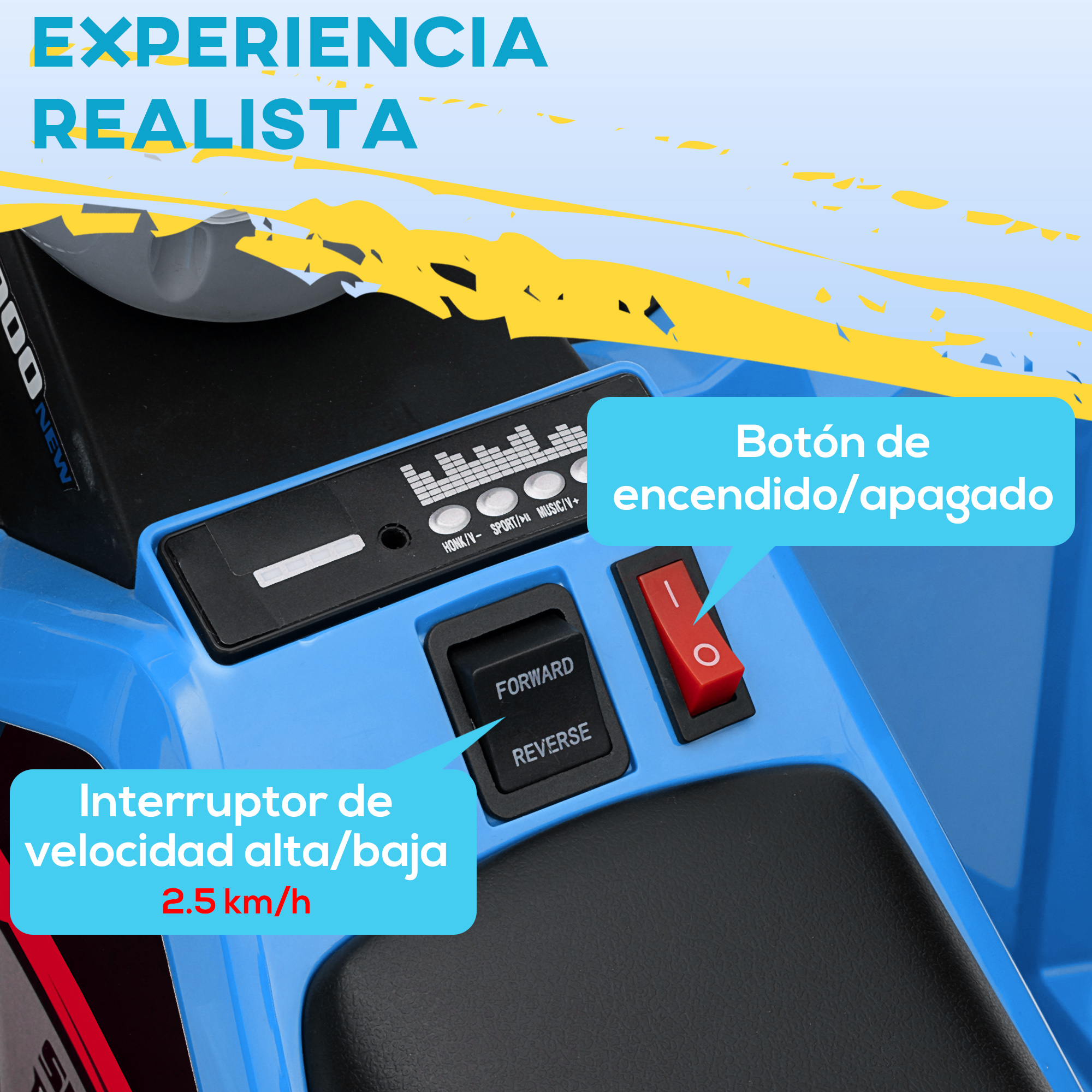 Cabina de coche de juguete azul con interruptores de avance/retroceso y velocidad.
