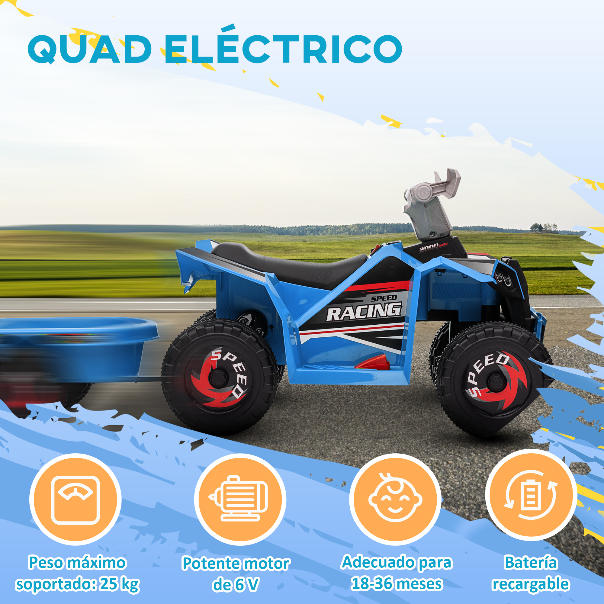 Quad eléctrico azul con remolque, en una carretera con paisaje al fondo.