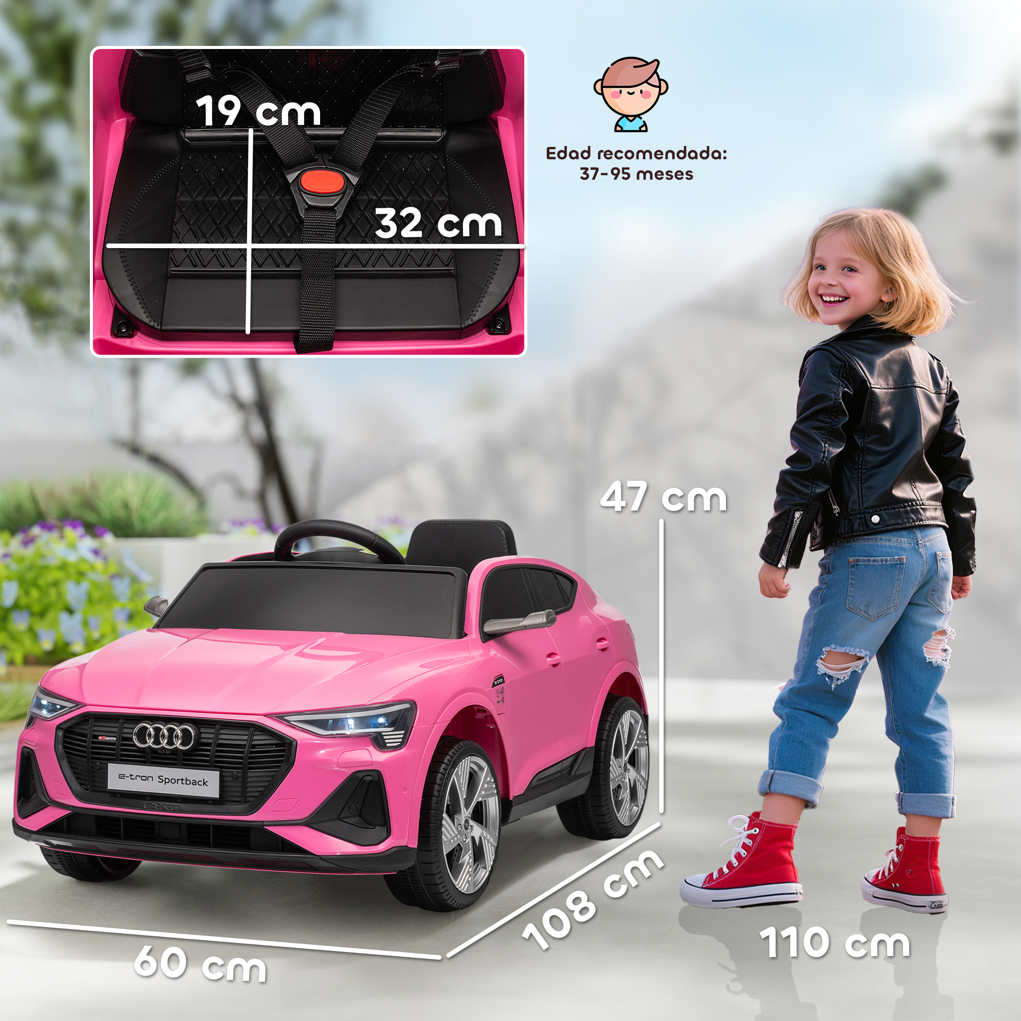 Un coche eléctrico rosa con una niña al lado, mostrando medidas.