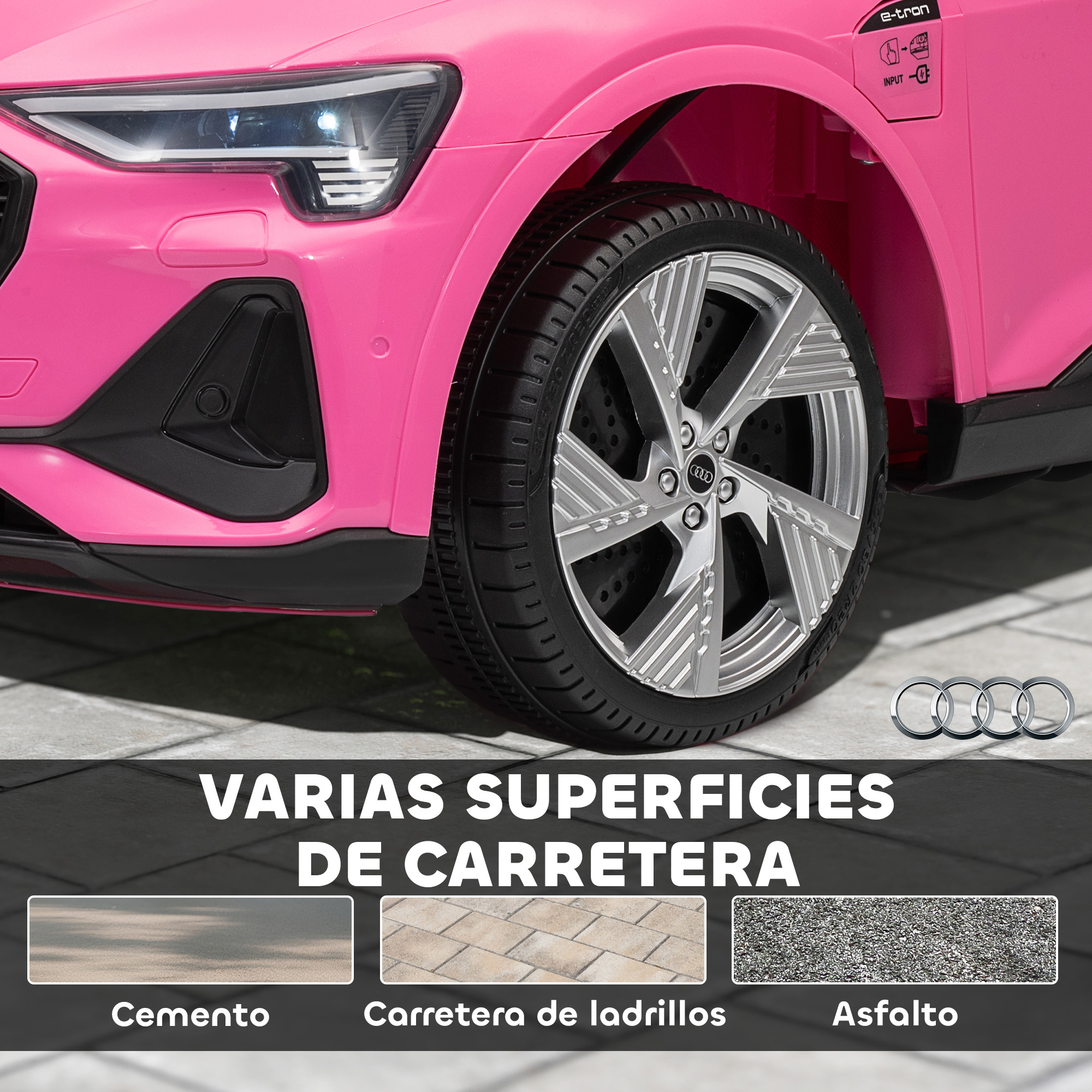 Un Audi e-tron rosa con ruedas plateadas y texto.