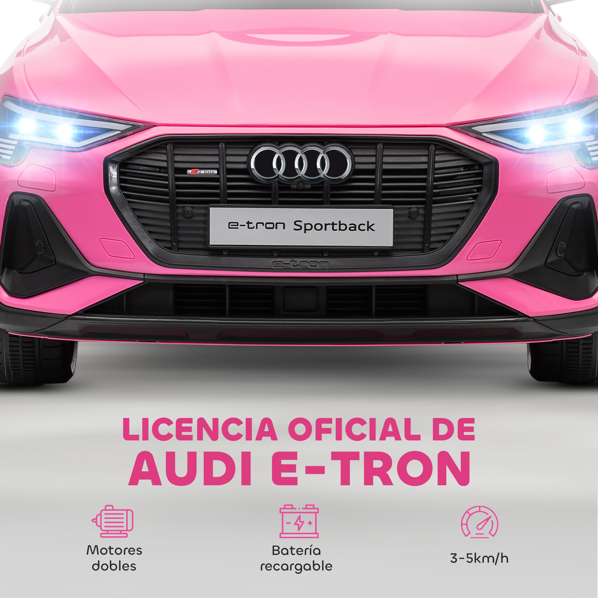 Un coche de juguete Audi E-Tron rosa con faros encendidos.