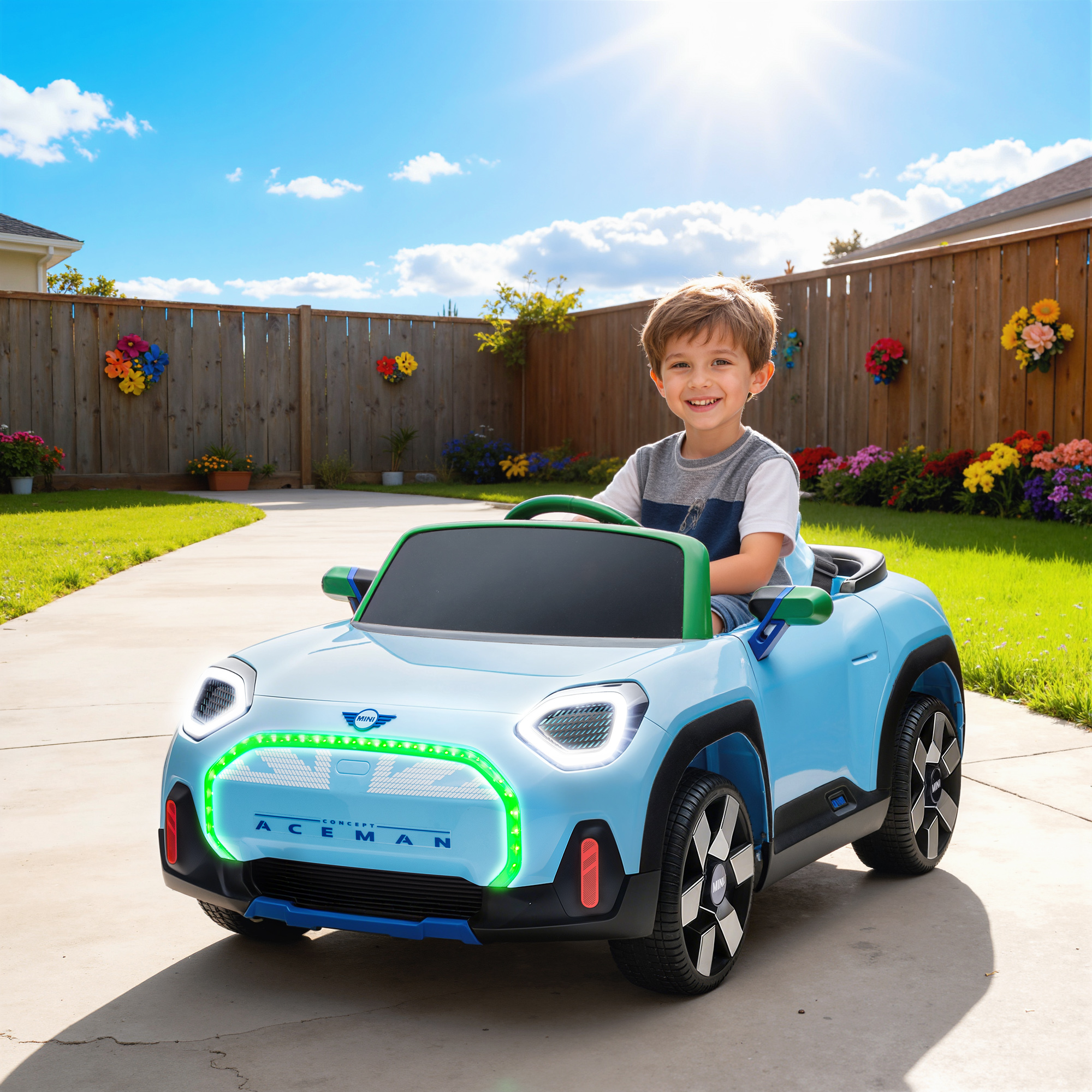 Un niño sonriente conduce un coche de juguete azul en un patio soleado con valla de madera.