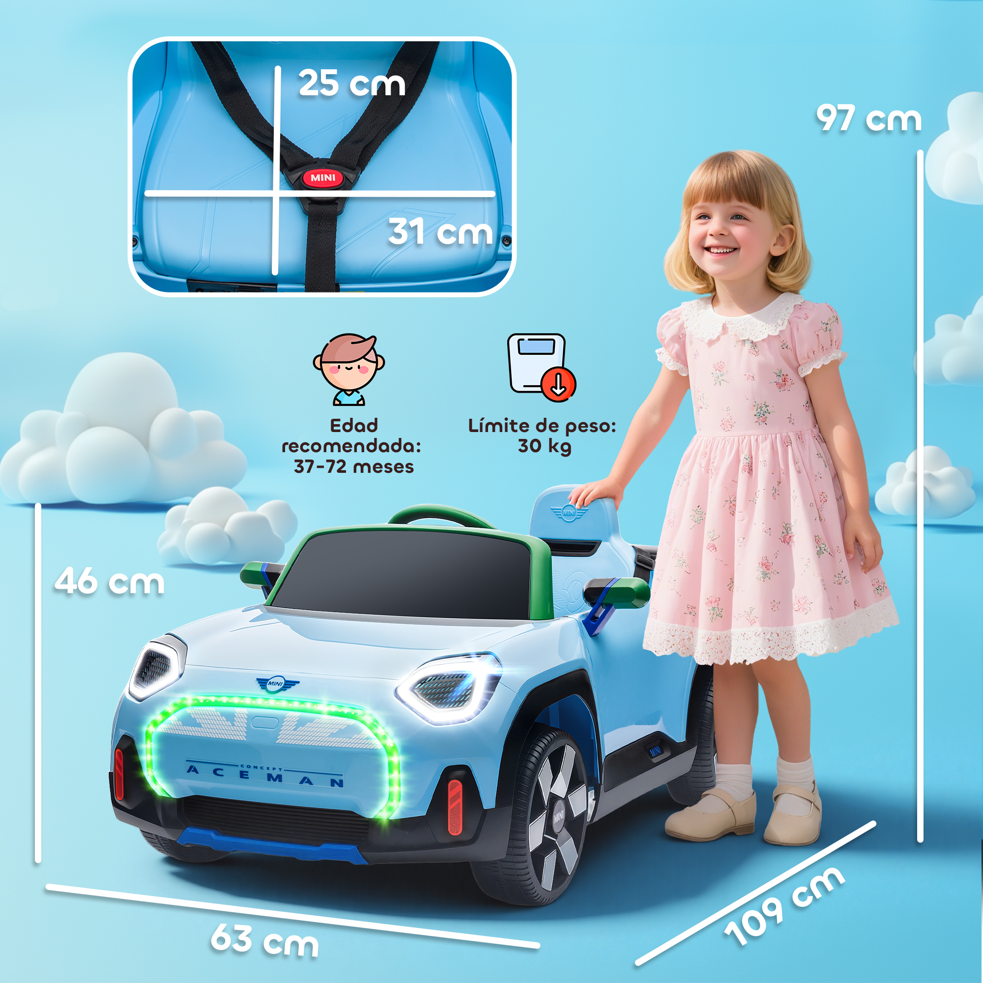 Un coche de juguete azul con una niña sonriente al lado. Se muestran las dimensiones.