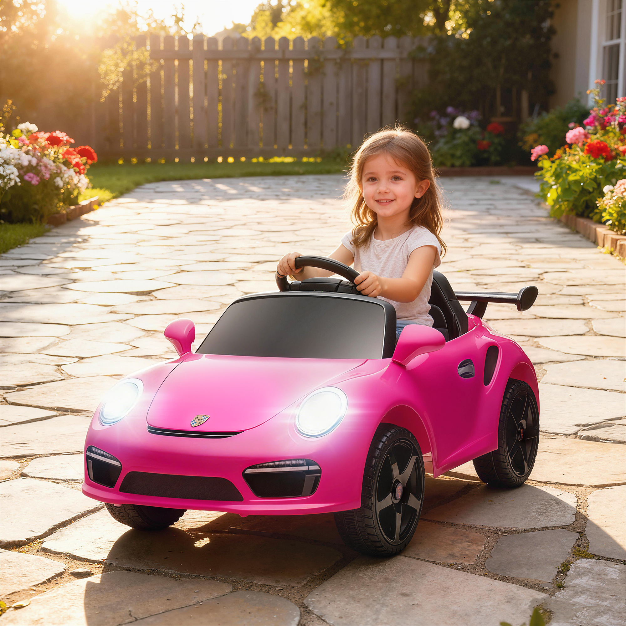 Una niña pequeña conduce un coche eléctrico rosa en un jardín.