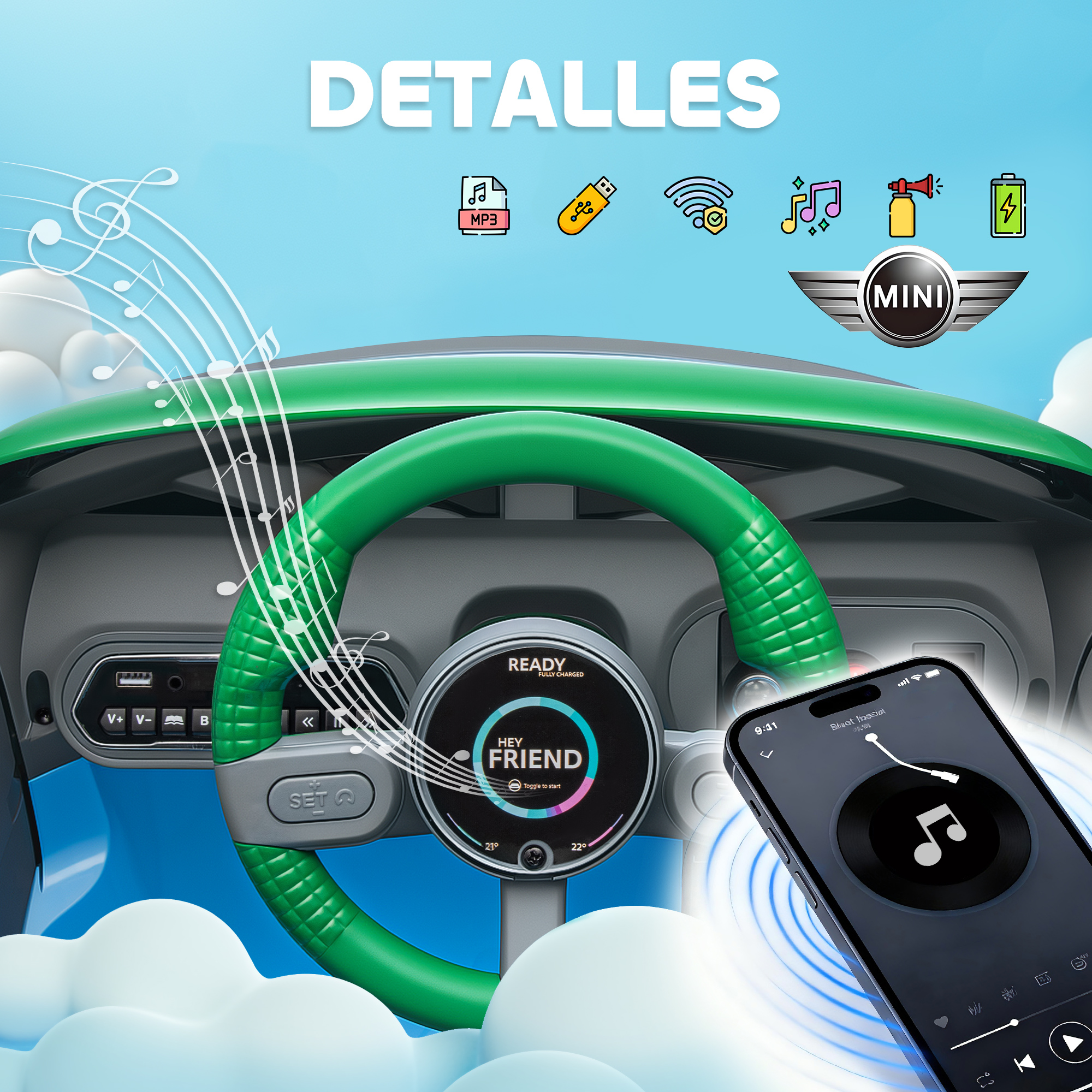 Un volante verde con un smartphone reproduciendo música.