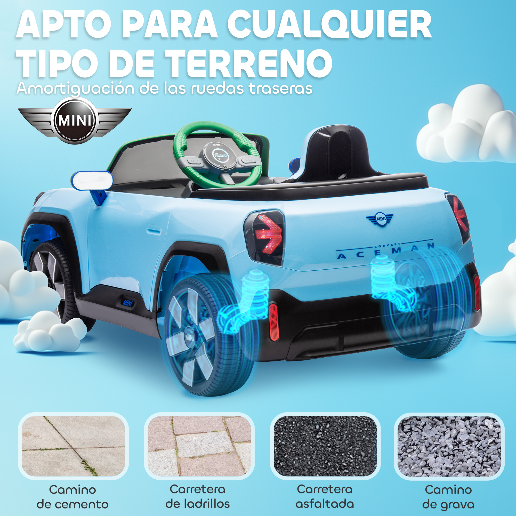 Un coche eléctrico Mini azul claro con efecto de suspensión, apto para todo terreno.