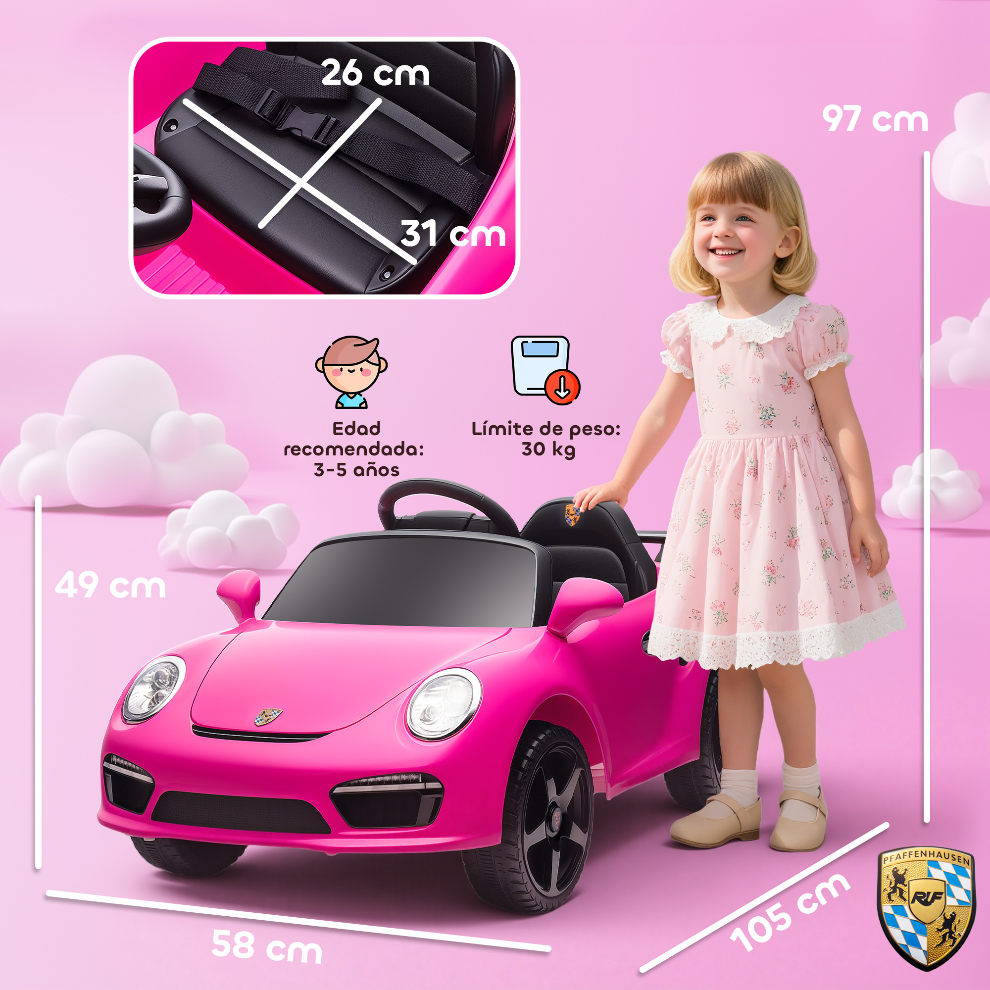 Una niña con vestido rosa al lado de un coche eléctrico rosa.