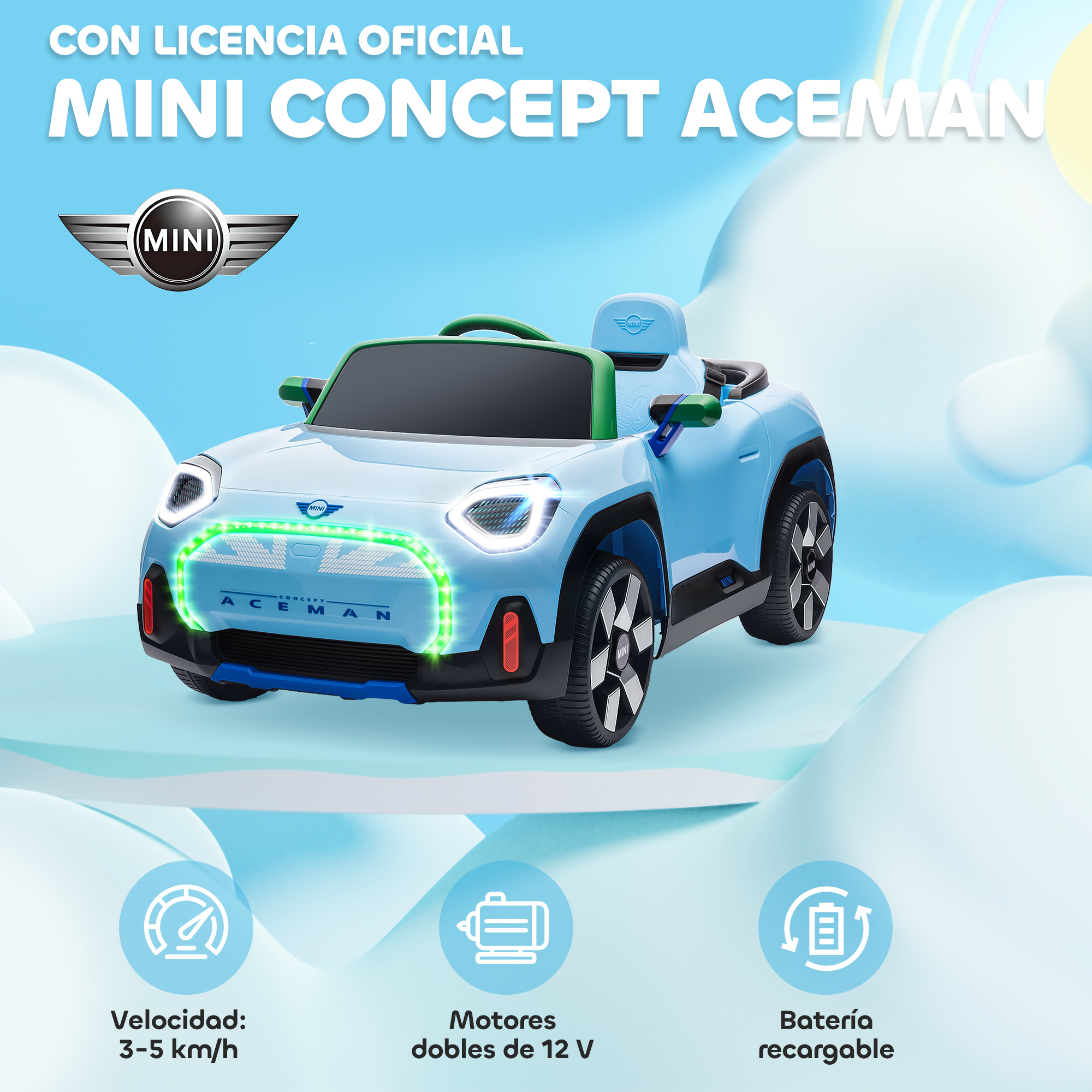 Coche de juguete azul Mini Concept Aceman con luces, ruedas e iconos de velocidad y motor.