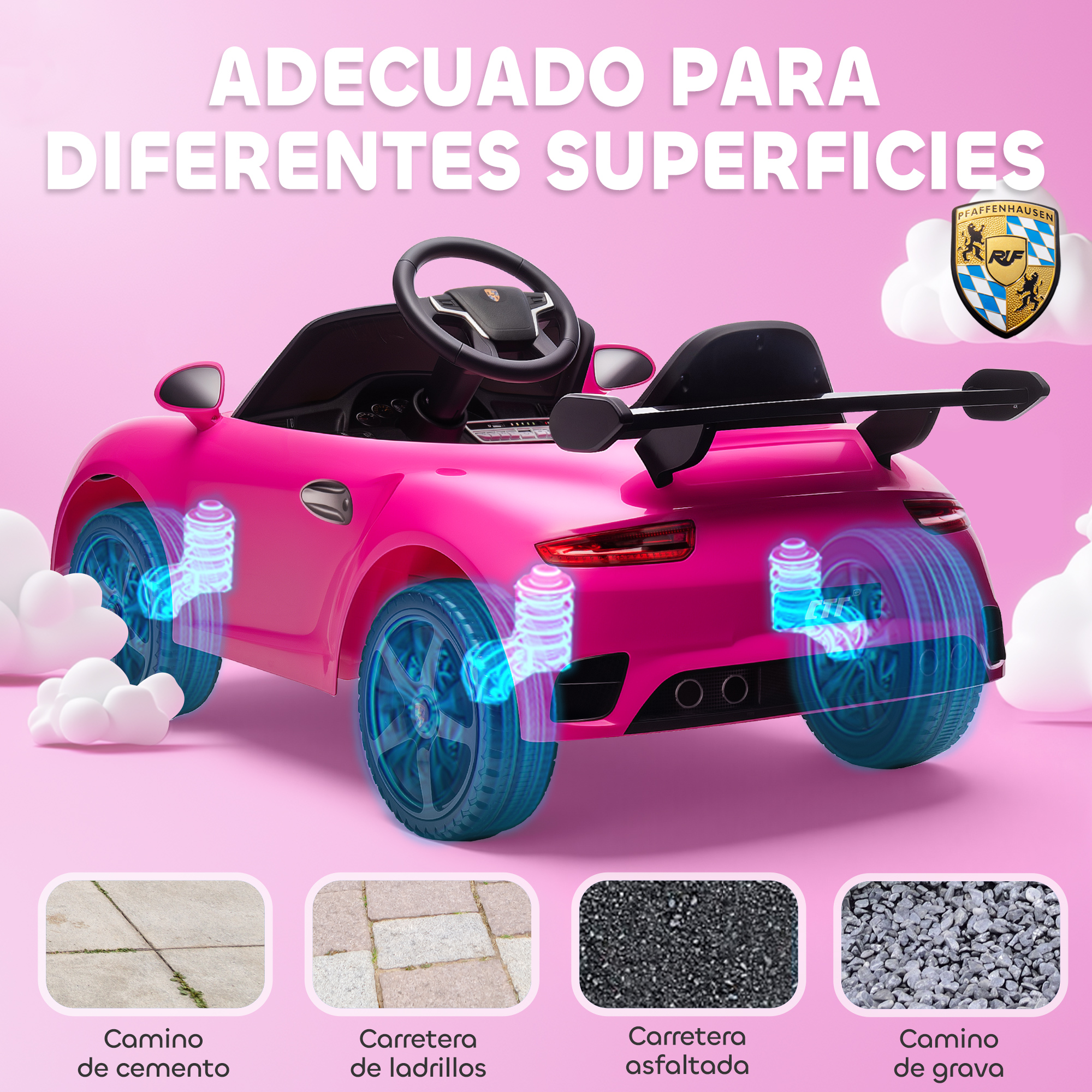 Un coche de juguete rosa con gráficos de suspensión y cuatro superficies.