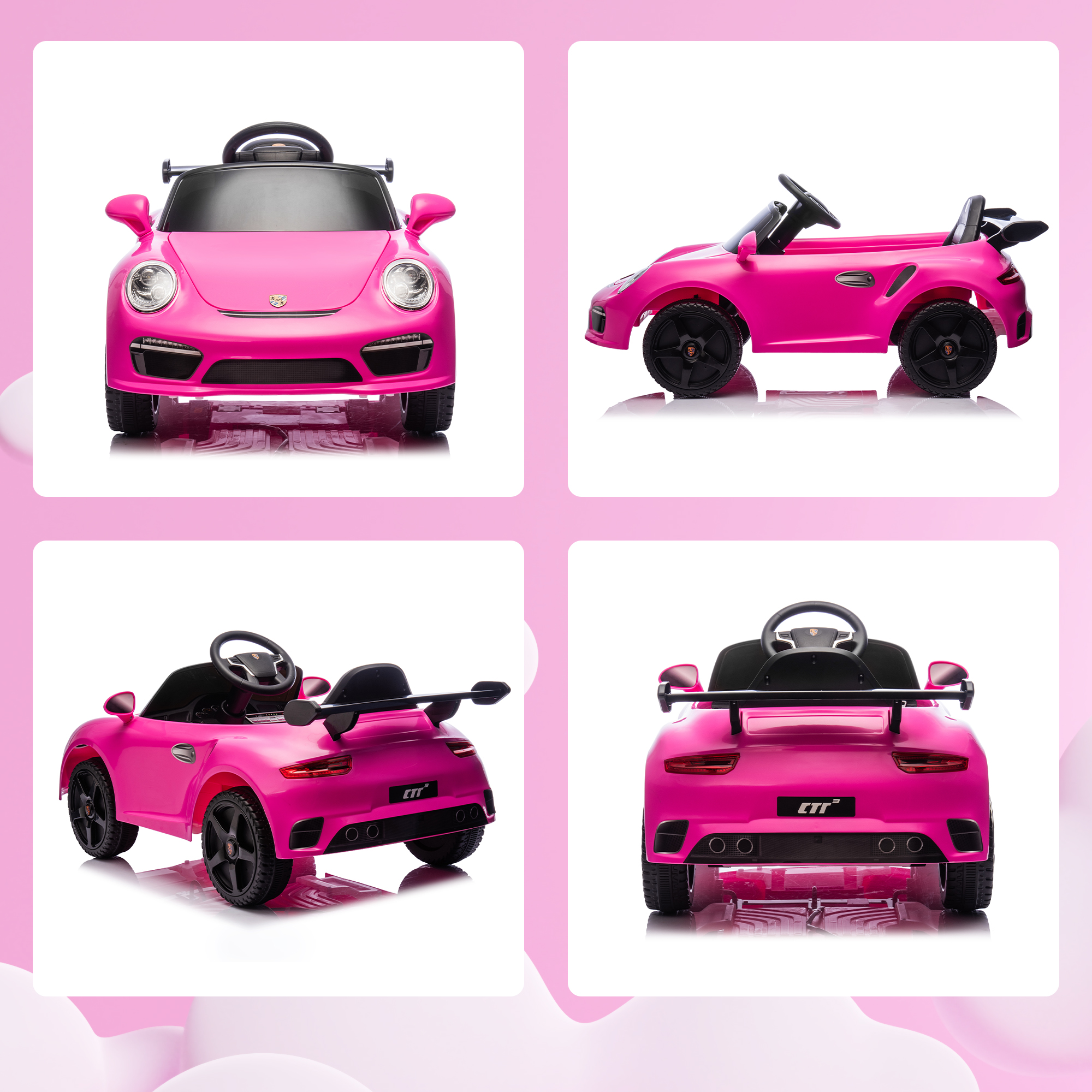 Un coche deportivo de juguete rosa con volante y alerón negros.