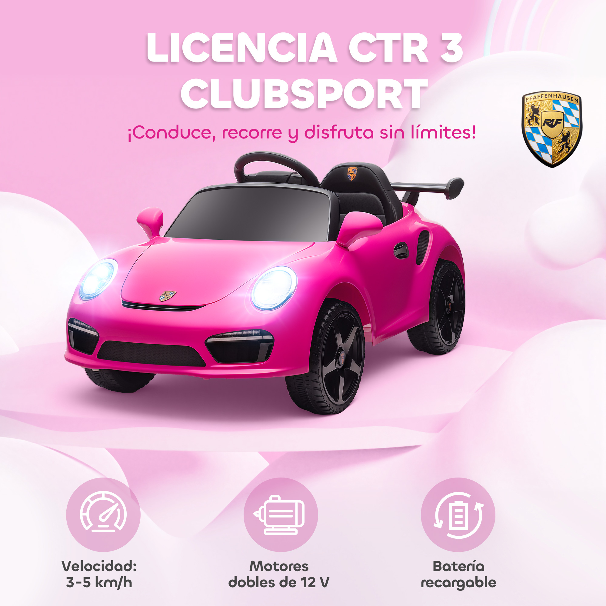 Un coche de juguete rosa con alas y especificaciones: 3-5 km/h, motores dobles 12V.