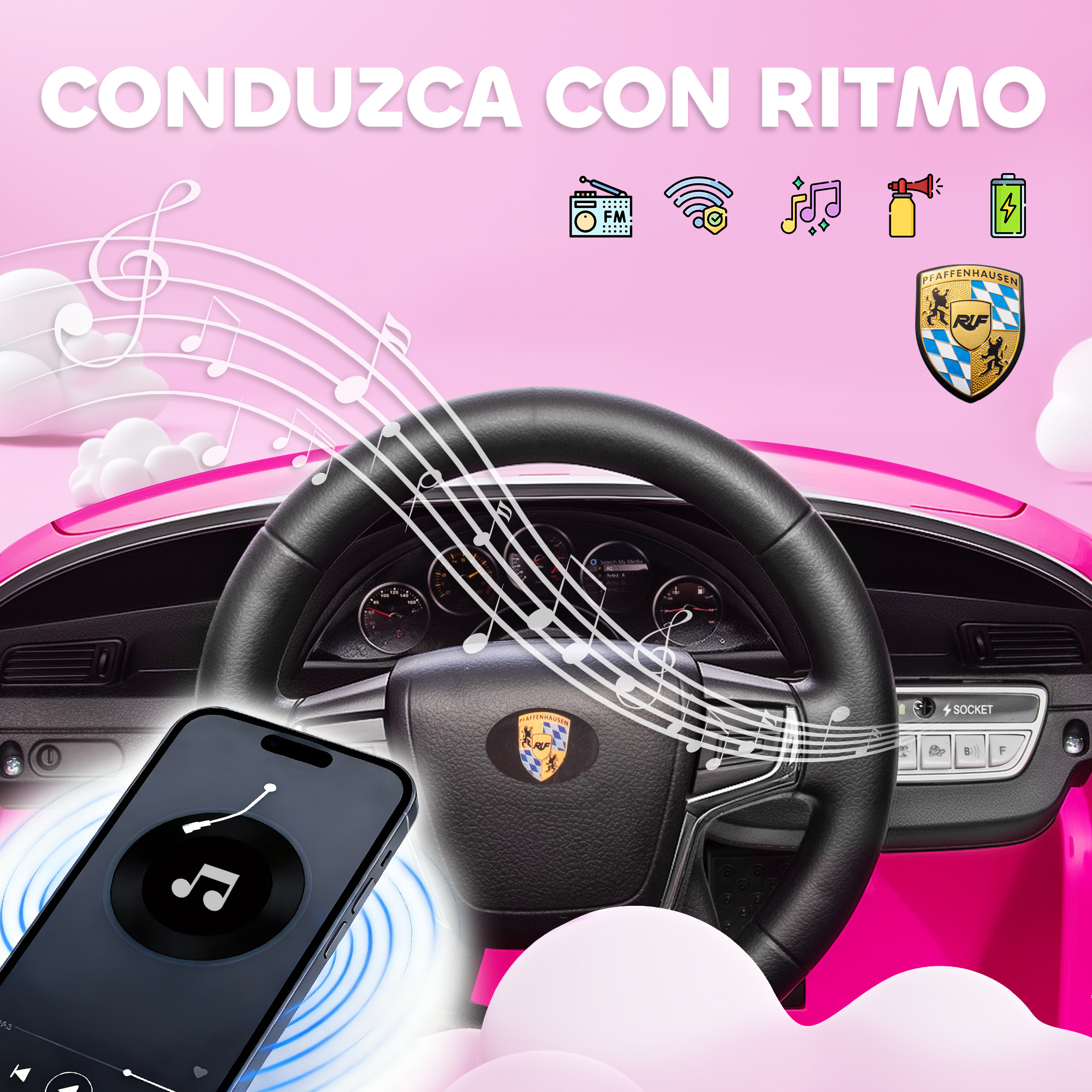 Interior de coche de juguete rosa con volante, teléfono y notas musicales.