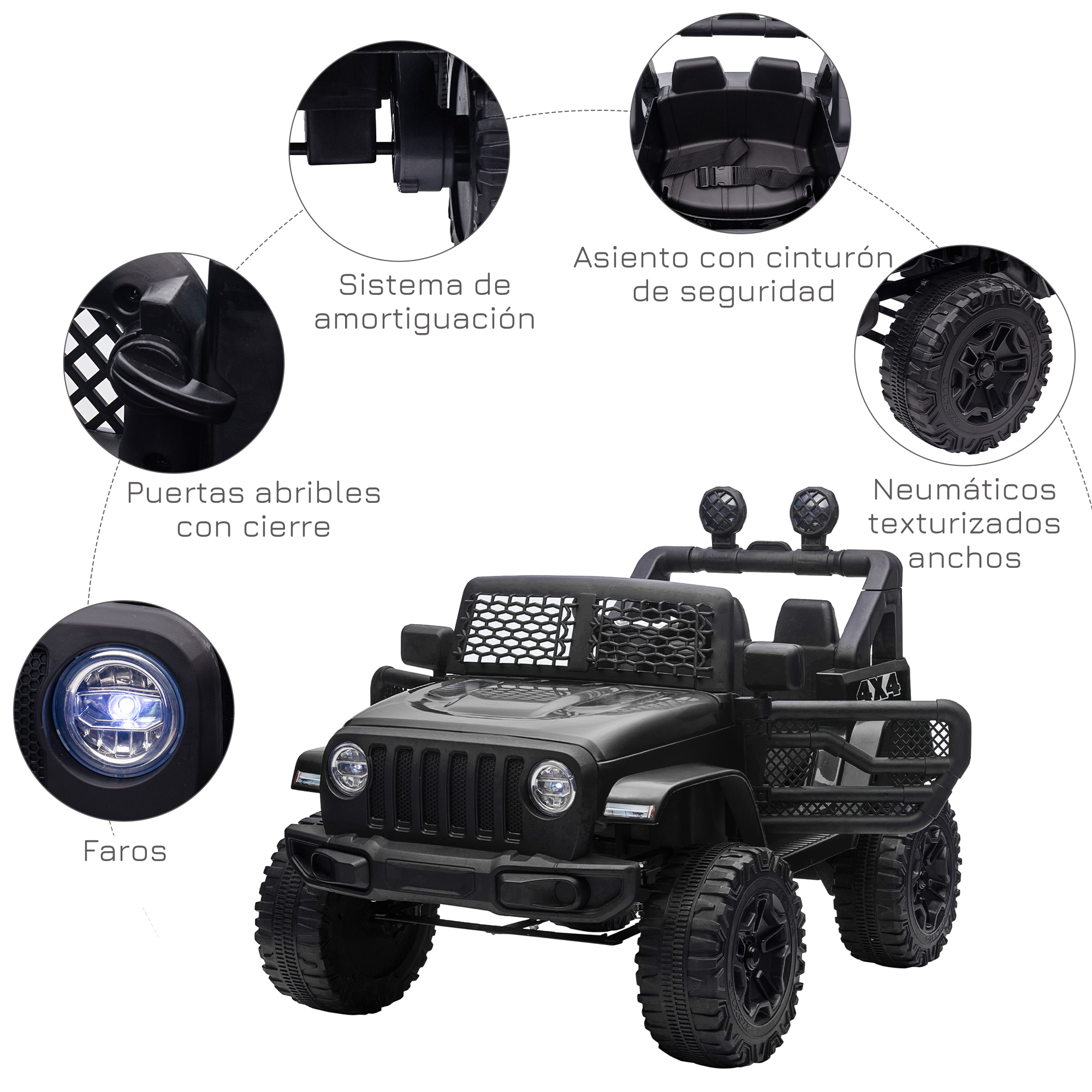 Jeep de juguete negro con luces, puertas, cinturón y neumáticos anchos.