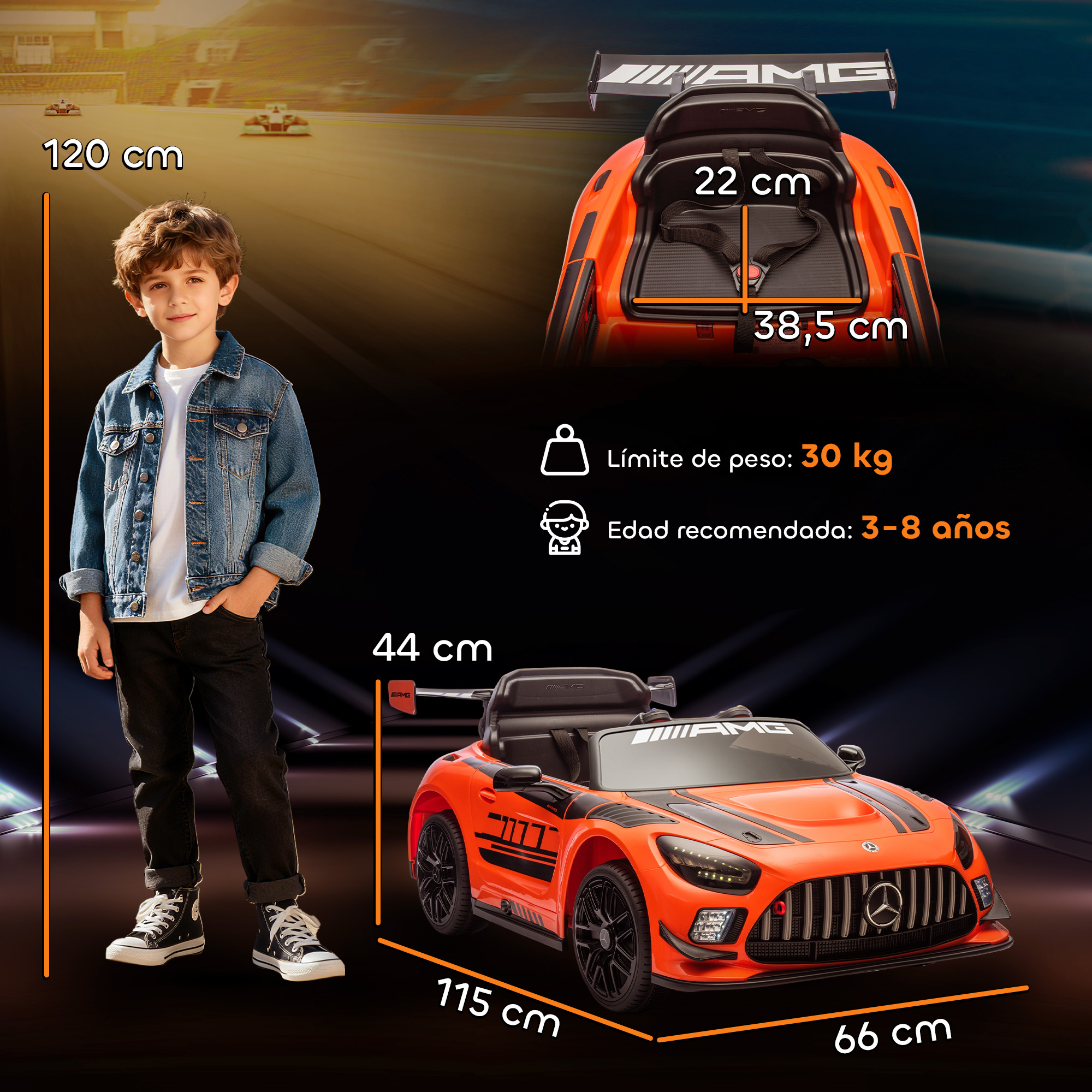 Un niño junto a un coche eléctrico naranja. Se muestran las dimensiones.