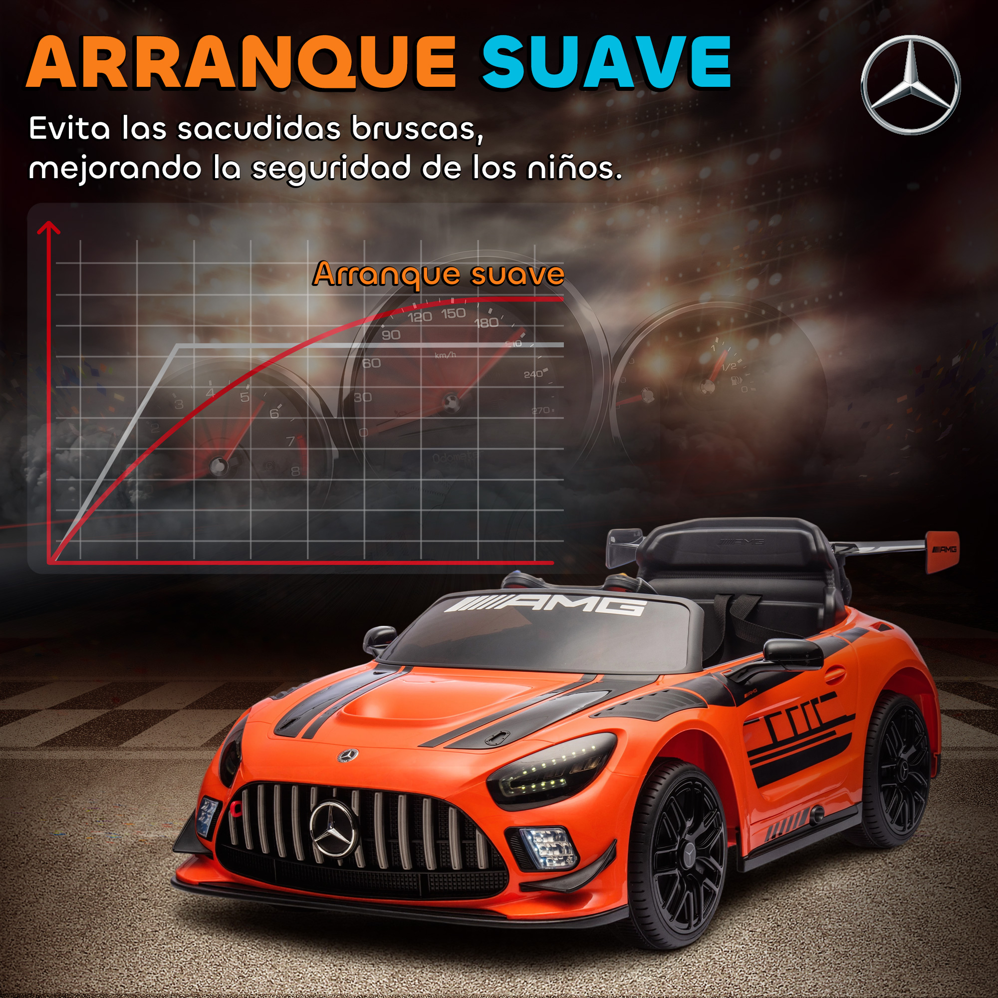 Coche infantil naranja Mercedes-AMG con gráfico de velocímetro y logo.