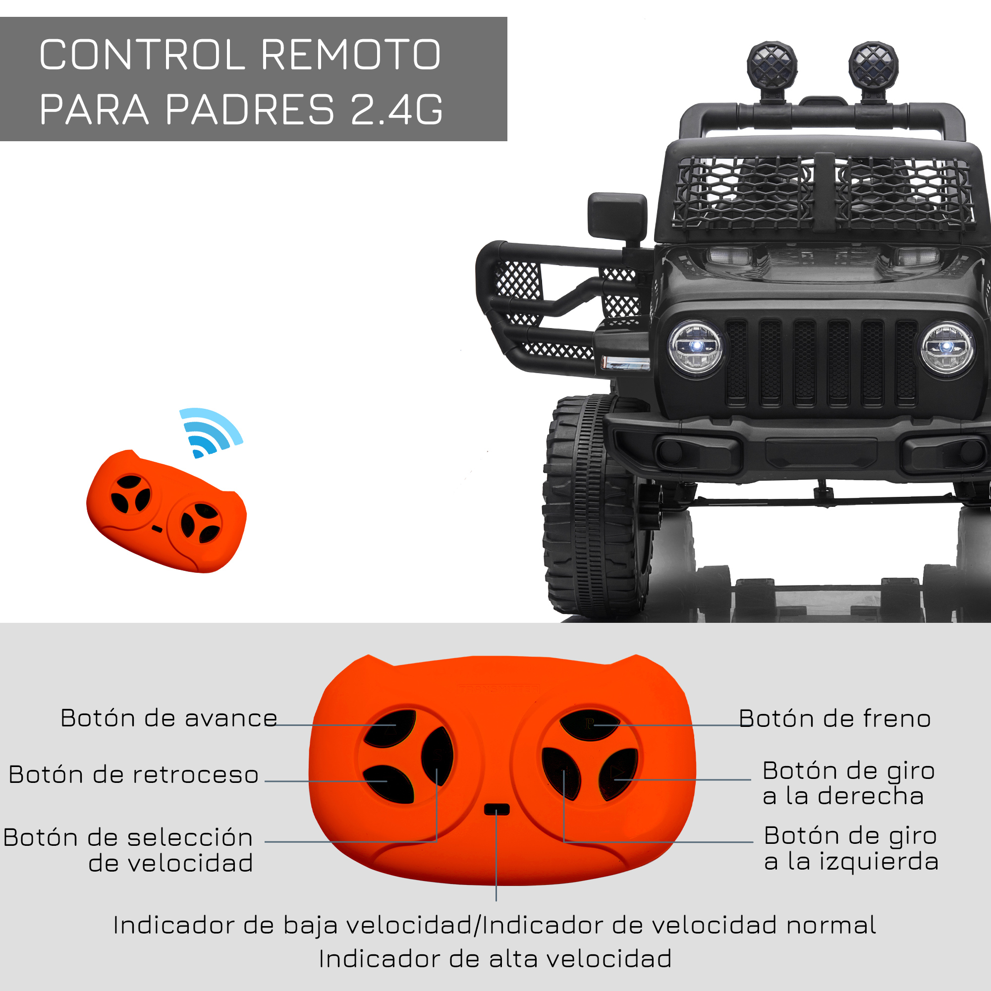 Un mando a distancia naranja con botones para avanzar, retroceder y seleccionar velocidad.