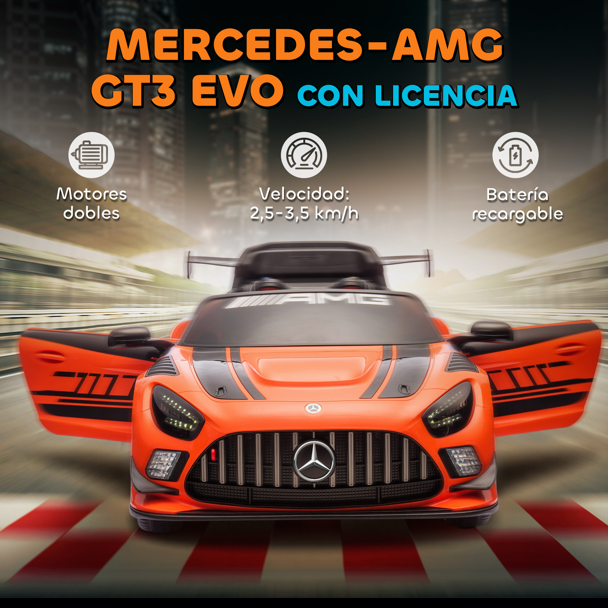 Un coche de juguete Mercedes-AMG GT3 naranja con puertas abiertas en una pista.