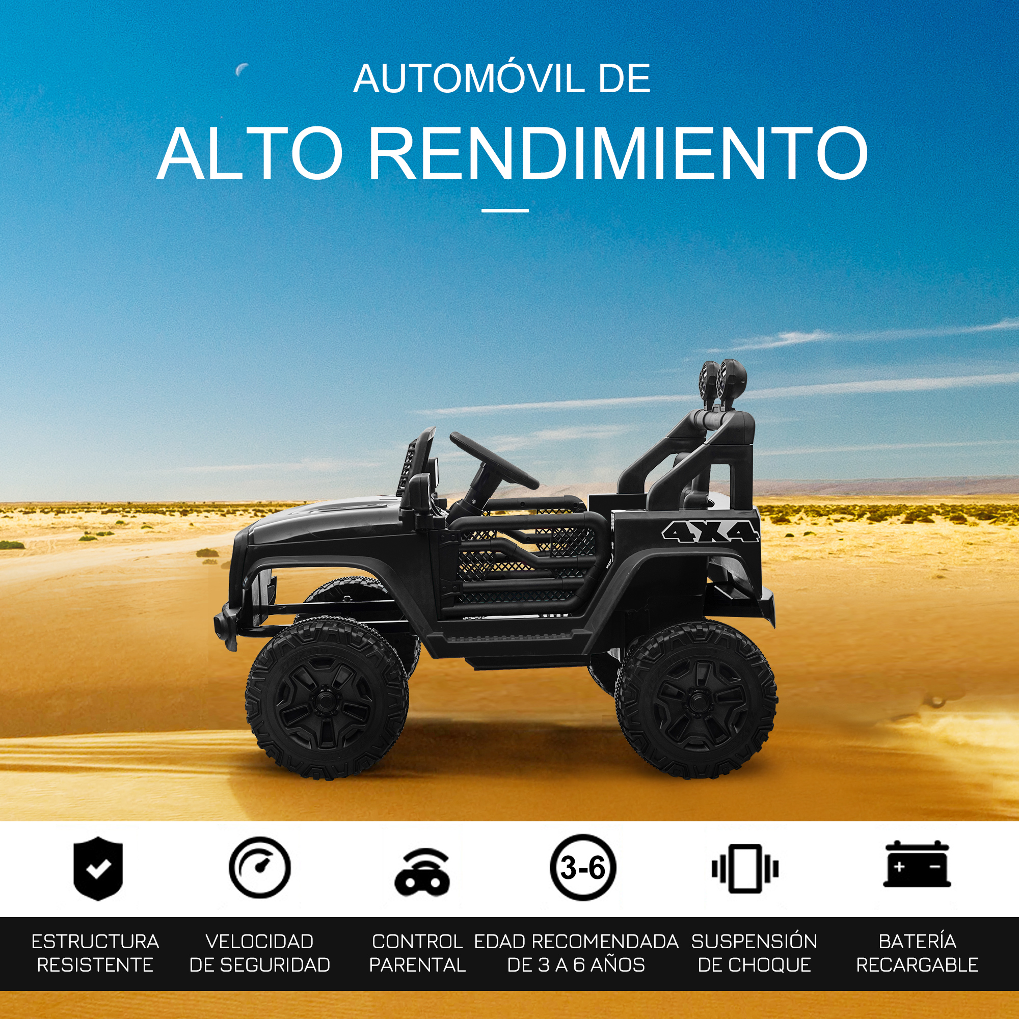 Jeep de juguete negro 4x4 en desierto con texto sobre características.