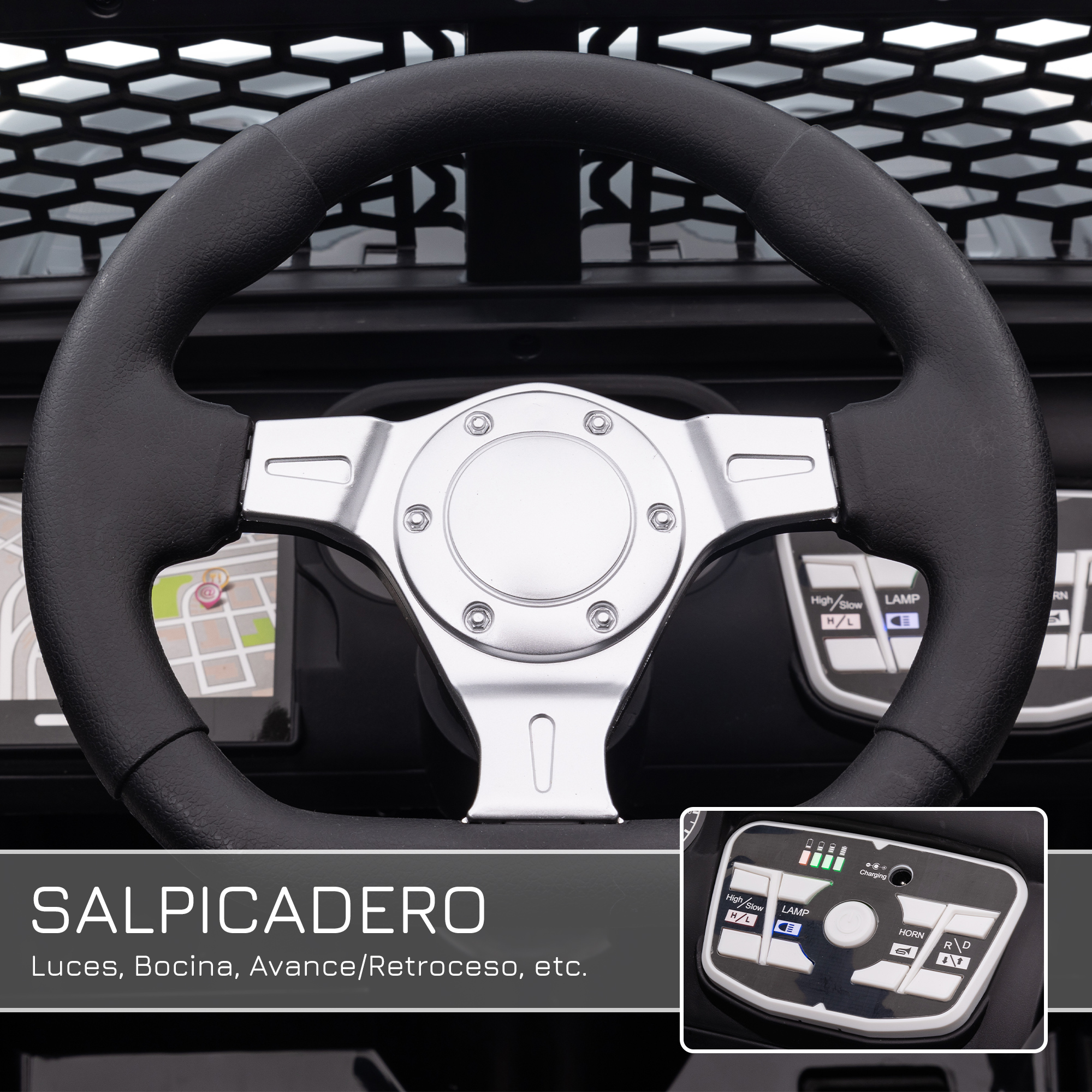 Un volante negro con detalles plateados y una pantalla de navegación.