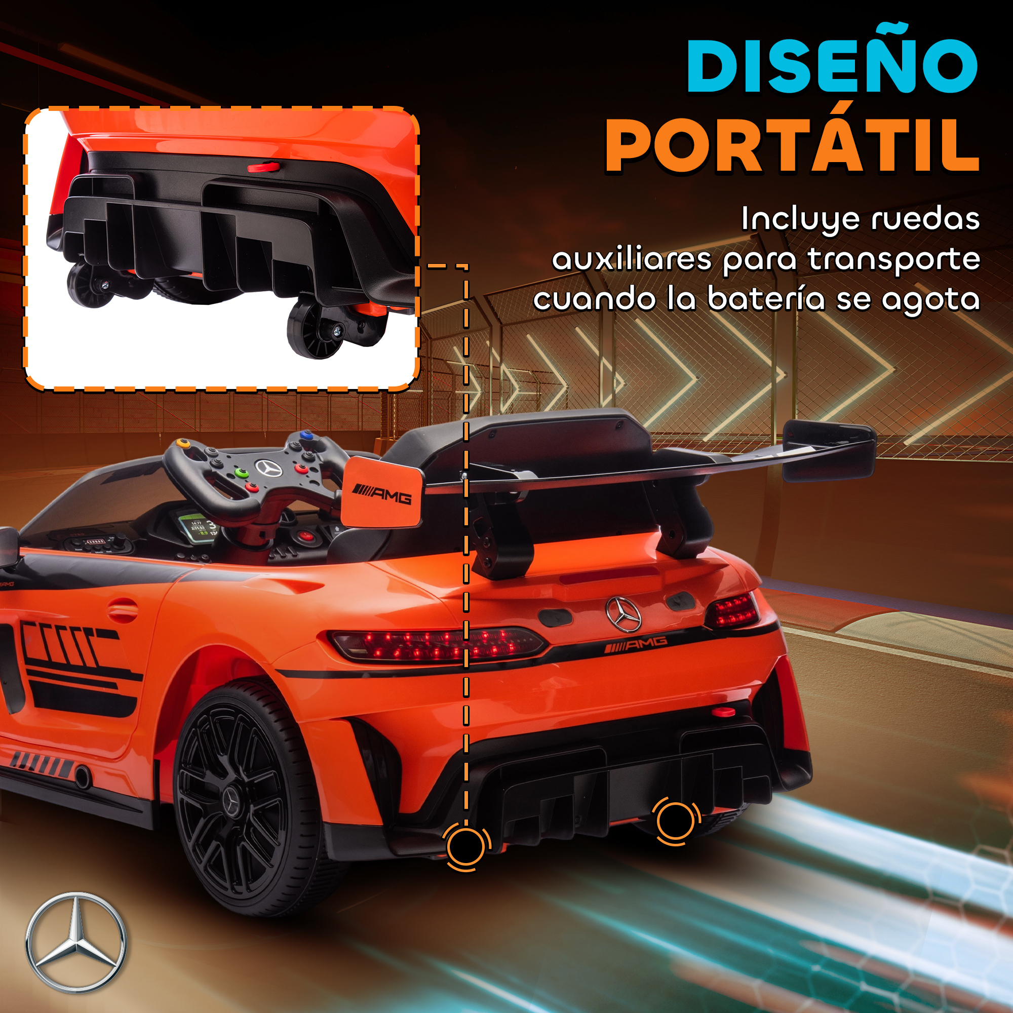 Coche eléctrico infantil naranja con logo AMG, alerón de carreras y luces llamativas.