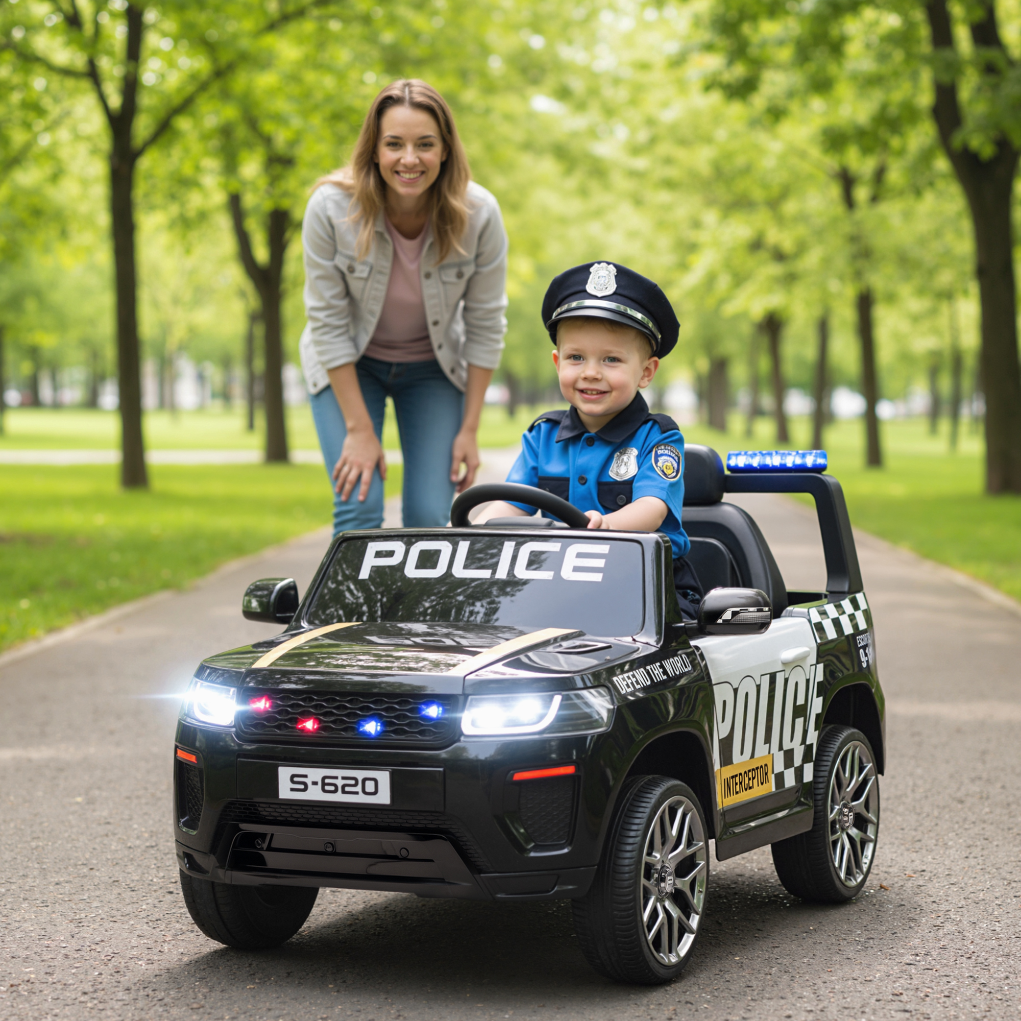 Un niño con uniforme de policía conduce un coche de policía de juguete negro en un parque.