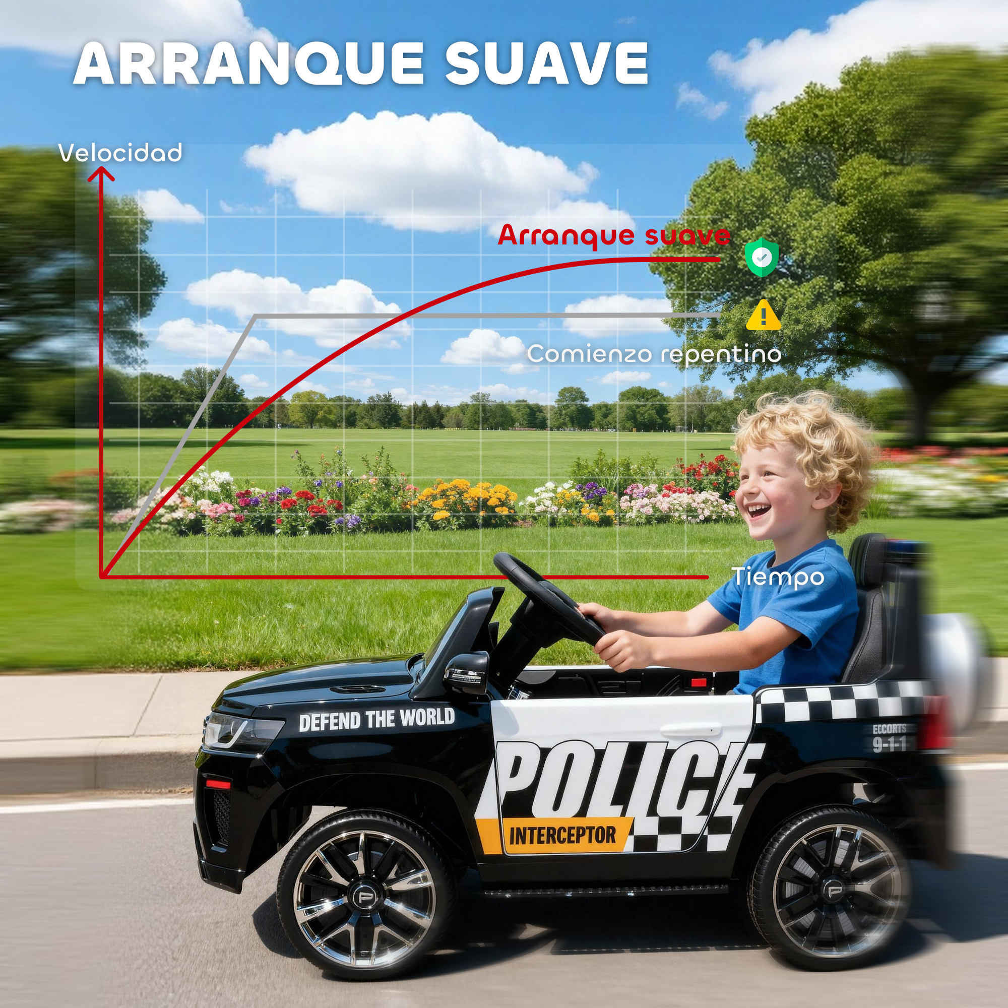Un niño conduce un coche de juguete de policía negro con un gráfico que muestra un arranque suave.