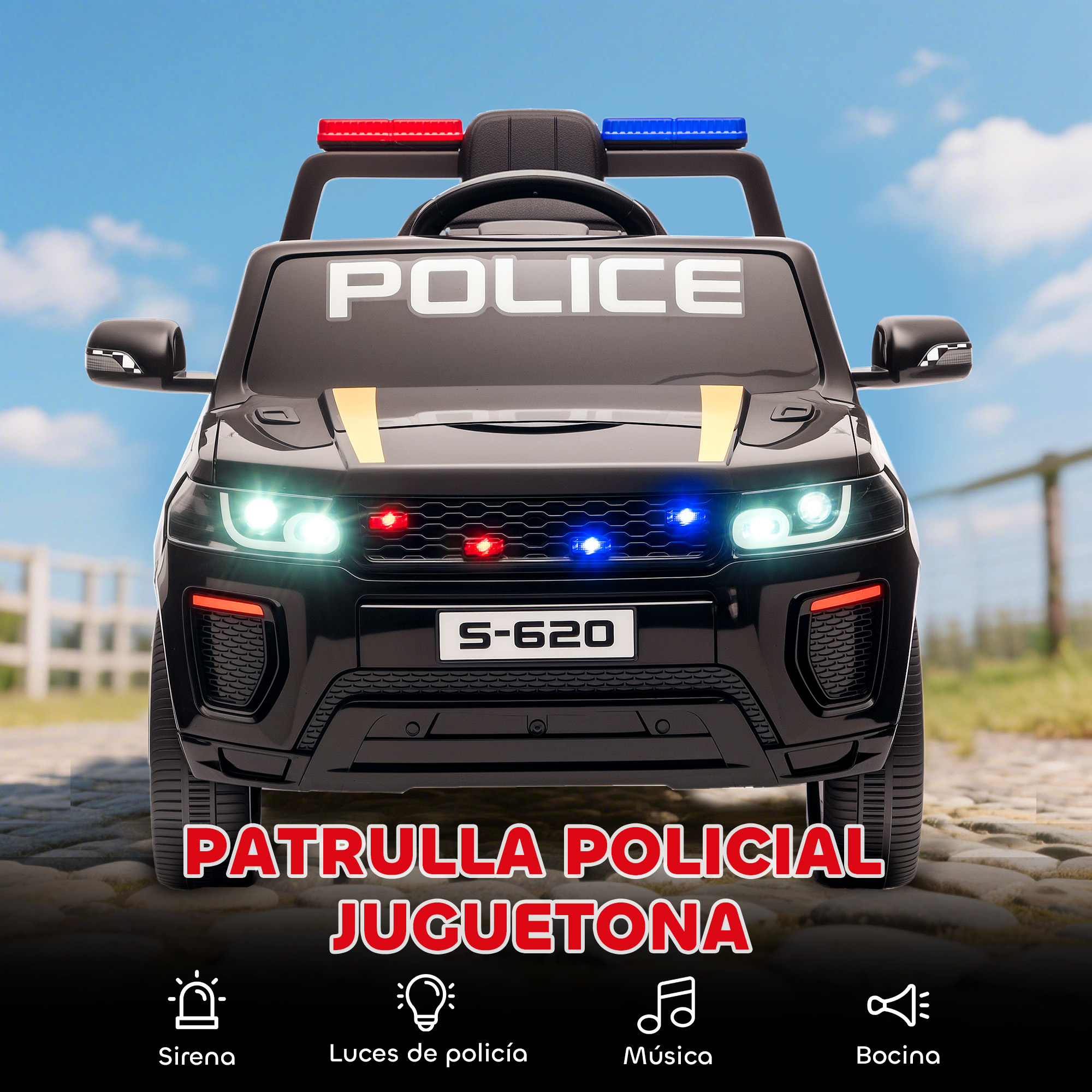 Coche de policía de juguete negro con luces intermitentes y sirenas.
