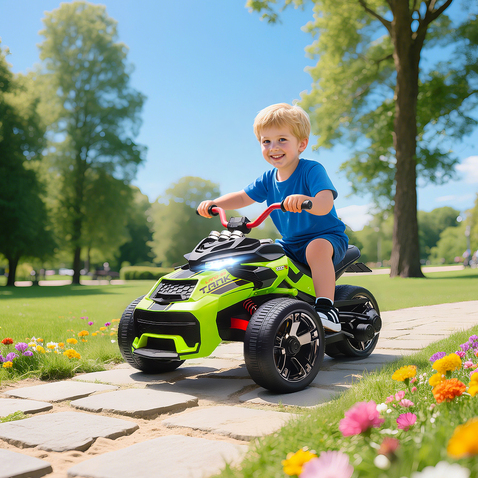 Un niño monta un quad verde con manillar rojo por un camino.