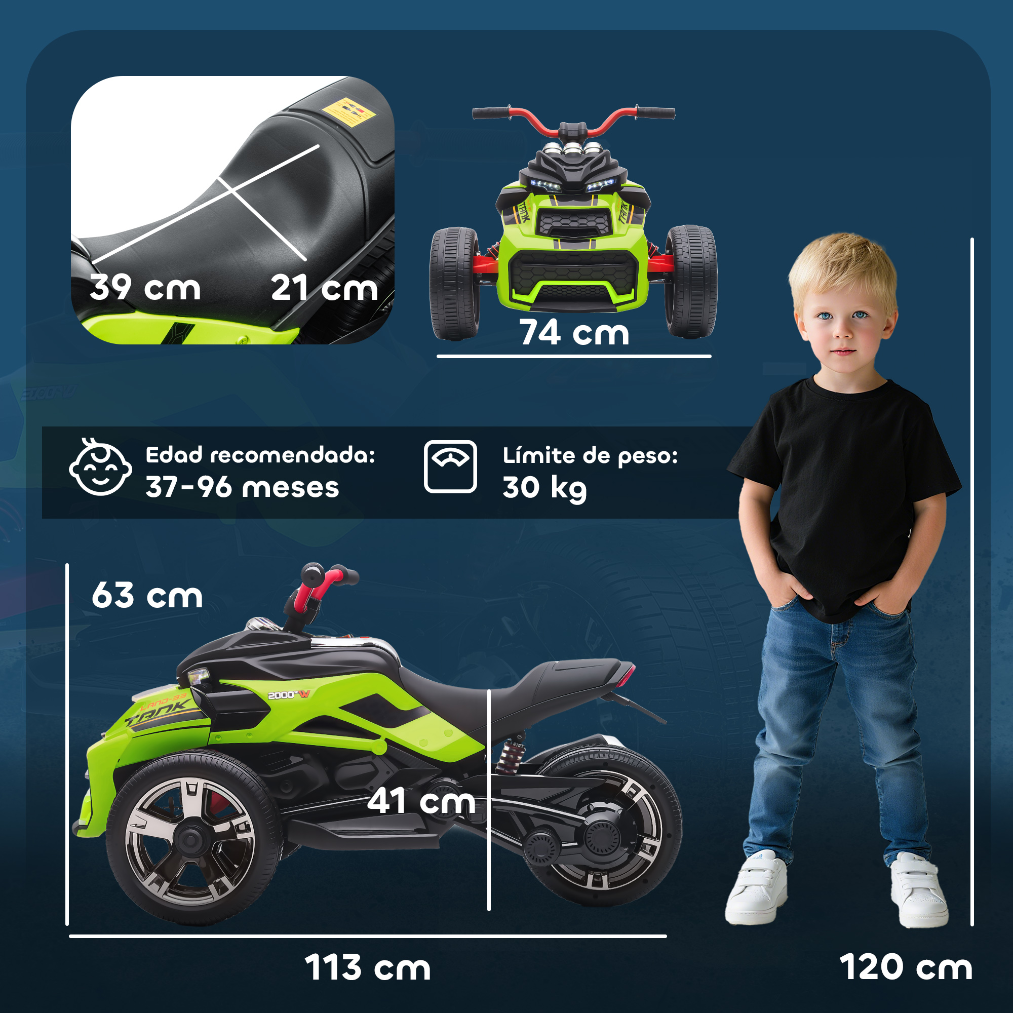 Motocicleta de juguete verde con dimensiones y un niño al lado.