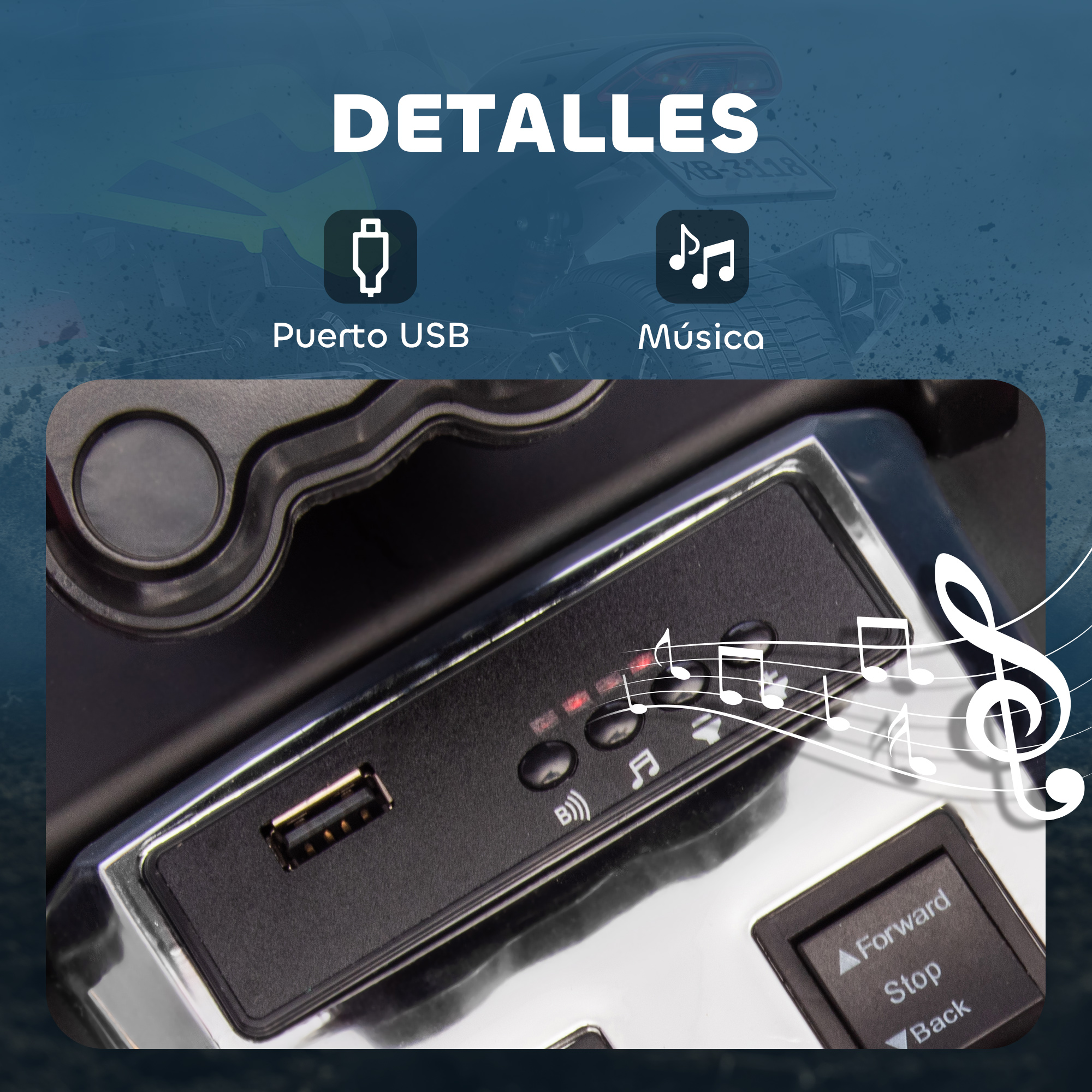 Primer plano del panel de control de un coche de juguete con puerto USB y música.