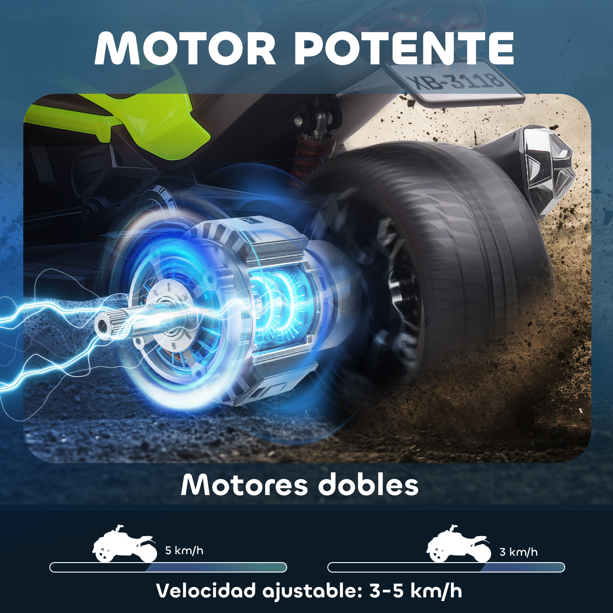 Potente motor con efecto de luz azul, ruedas girando, viaje polvoriento.