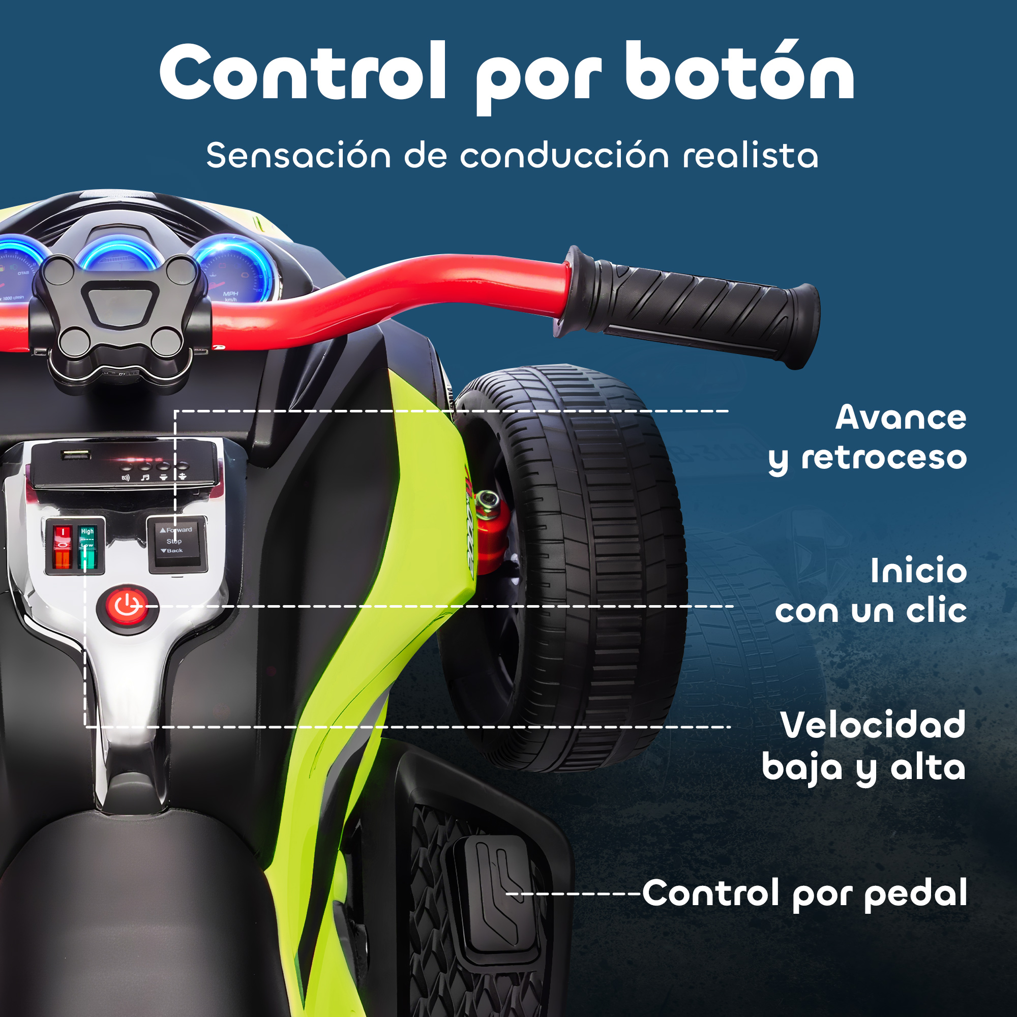 Una moto de juguete con controles, botones y una rueda. Amarilla y negra.
